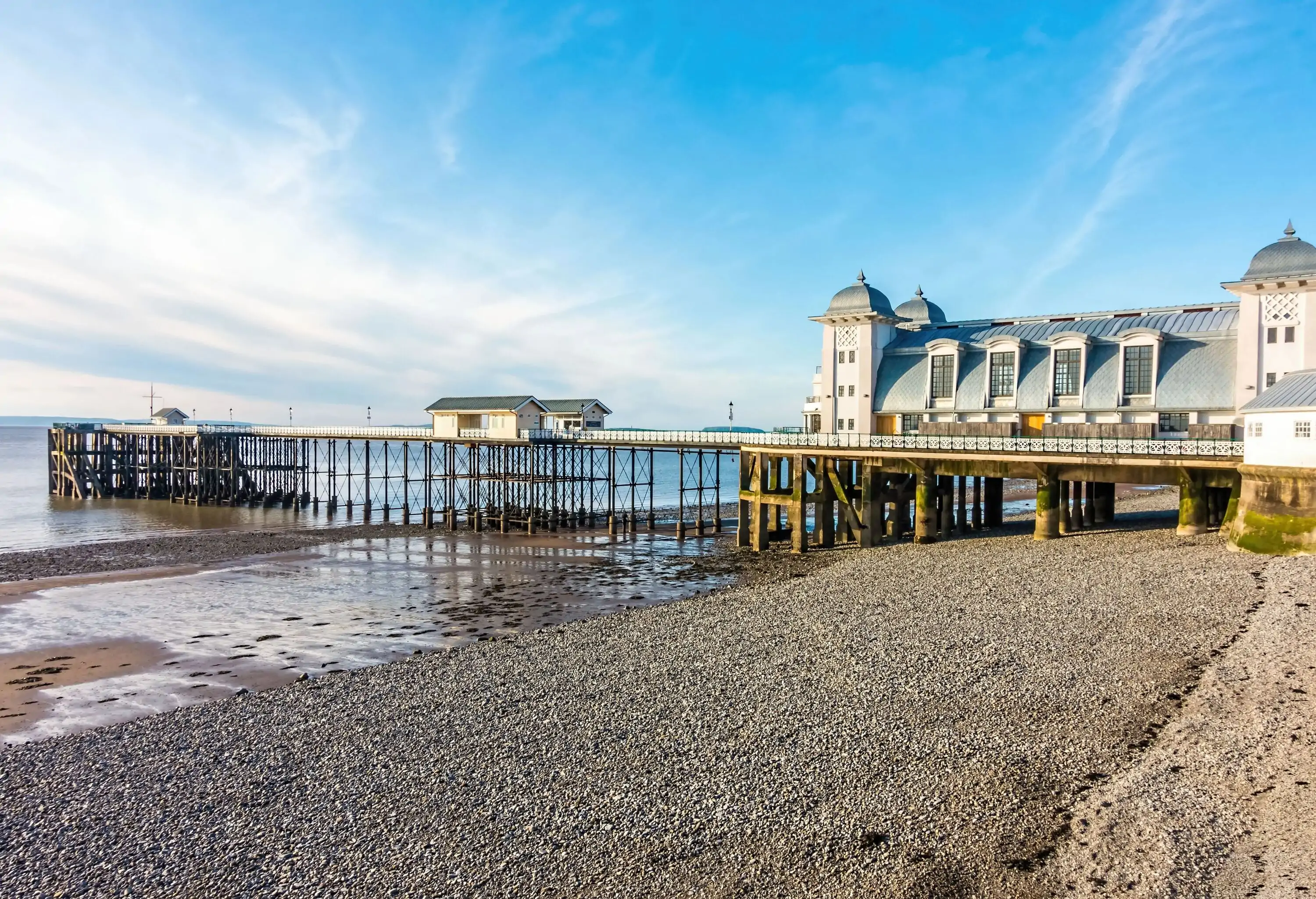 Penarth Pier and pebble beach in summer.