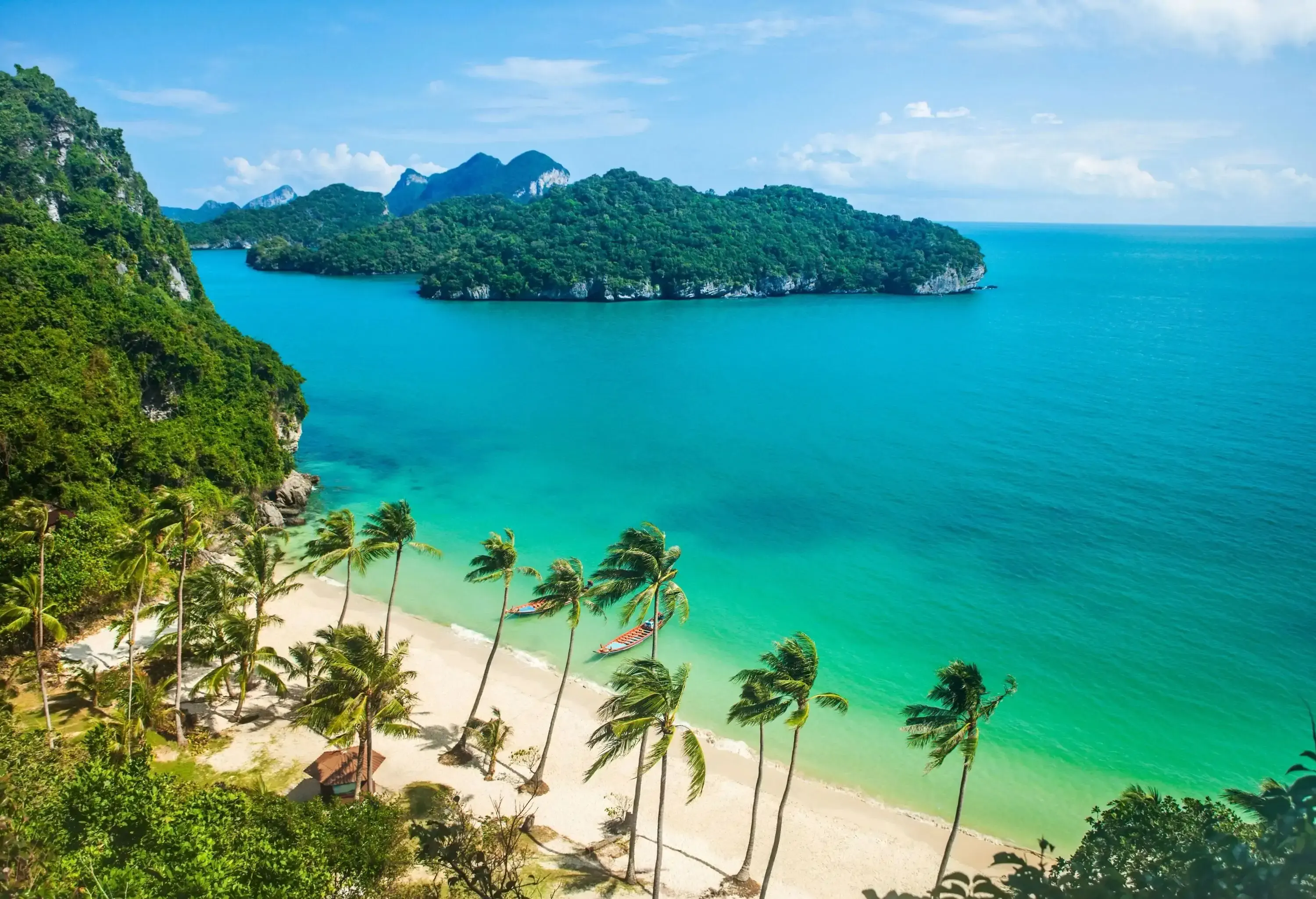 A tropical cove with coconut trees lining the shore and wooded islands dotting the sea.