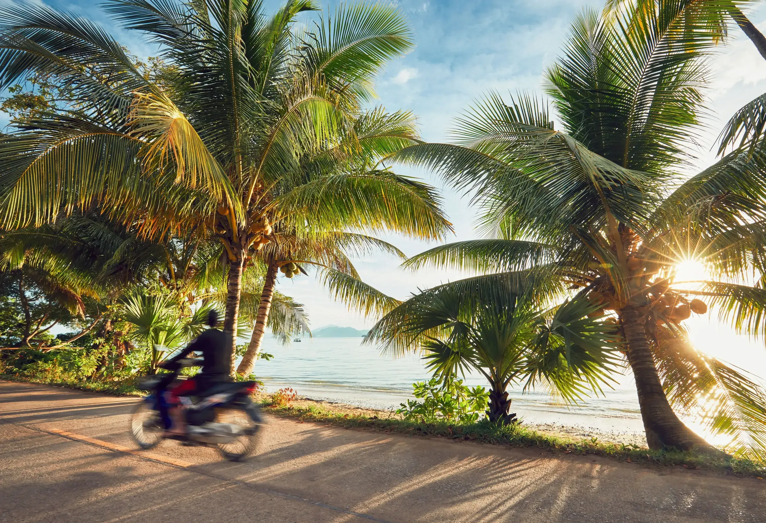 A motorbike rider cruises along the picturesque roads of a tropical island, basking in the warm golden glow of the rising sun.