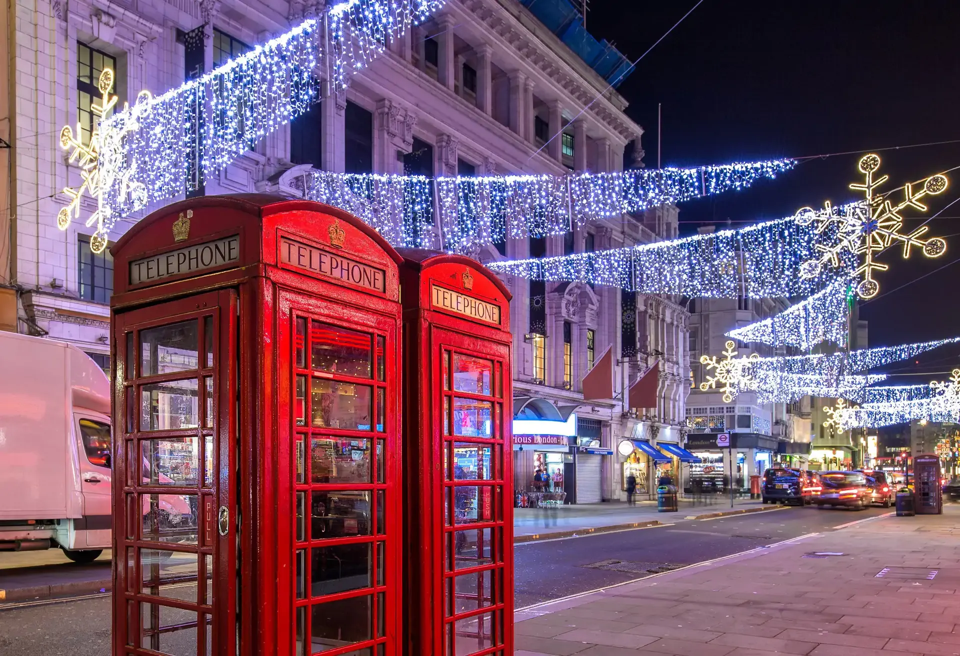 Christmas light and the red phone box in London; Shutterstock ID 540883987