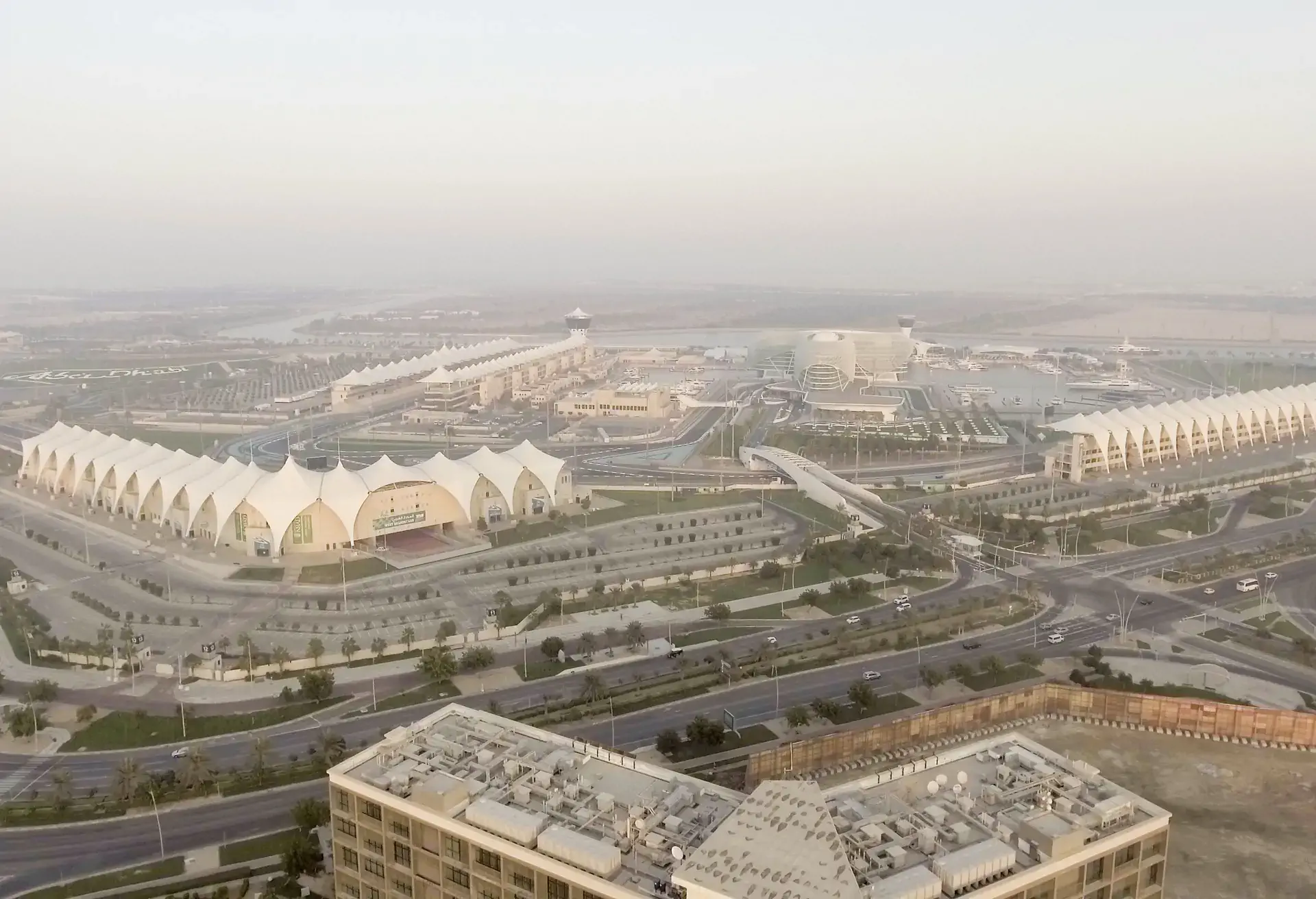 ABU DHABI - DECEMBER 2016: Yas Island panoramic aerial view. Yas Island is famous for Formula 1 Circuit