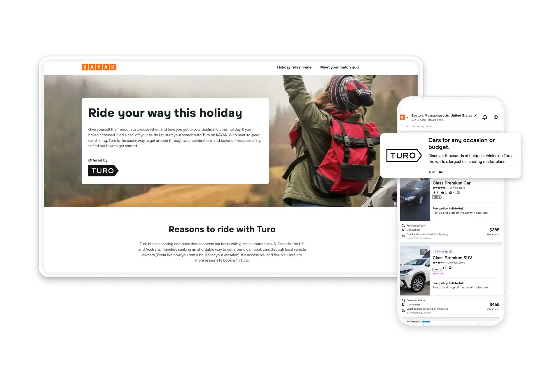 Turo ad on KAYAK highlights flexible holiday rentals and premium car options.