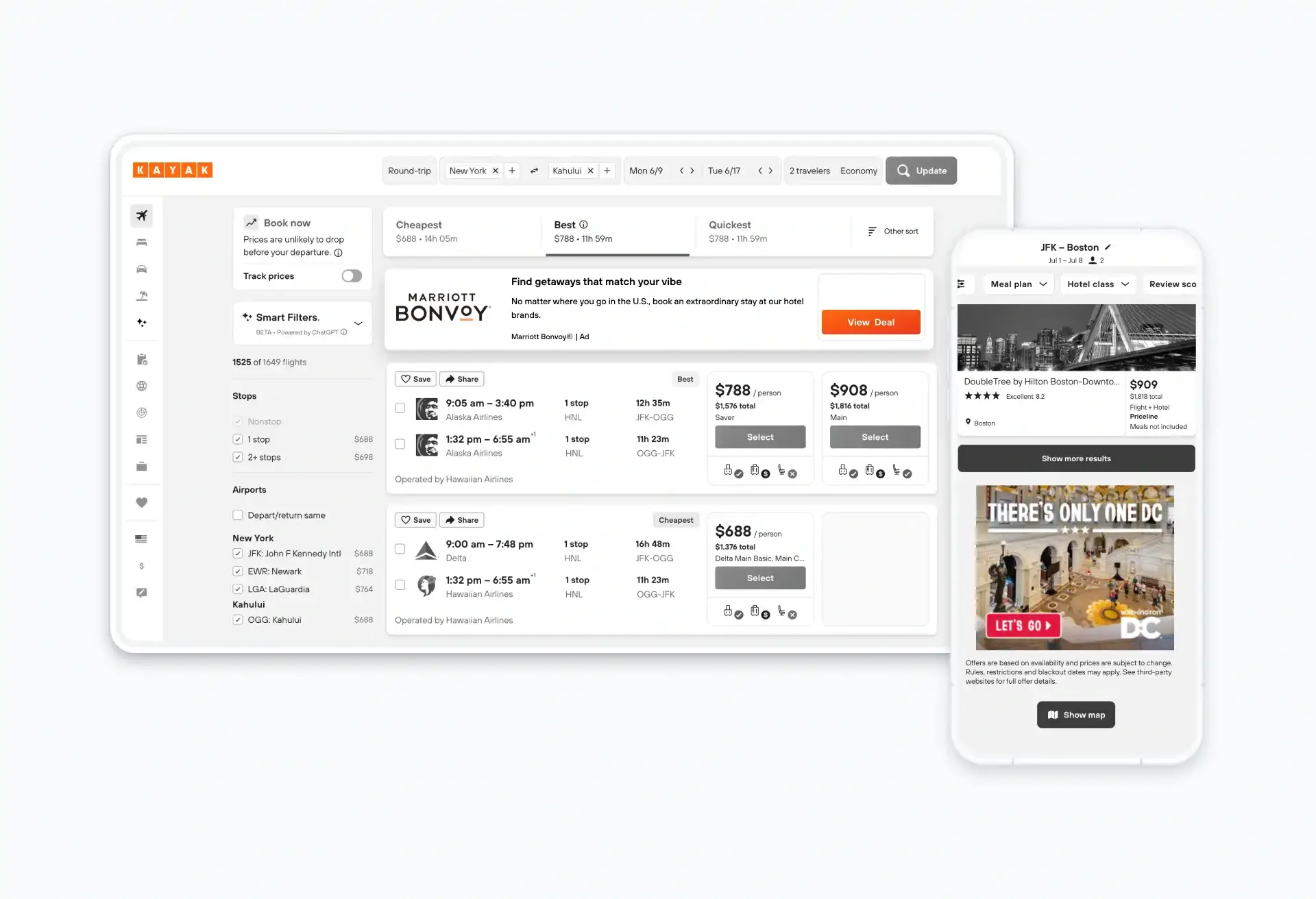 KAYAK search page showing Marriott Bonvoy ad and Washington DC travel suggestions.