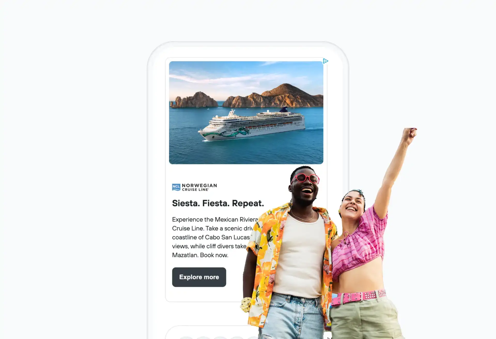Cruise ad on mobile with happy travelers and scenic ocean view of the Mexican Riviera.