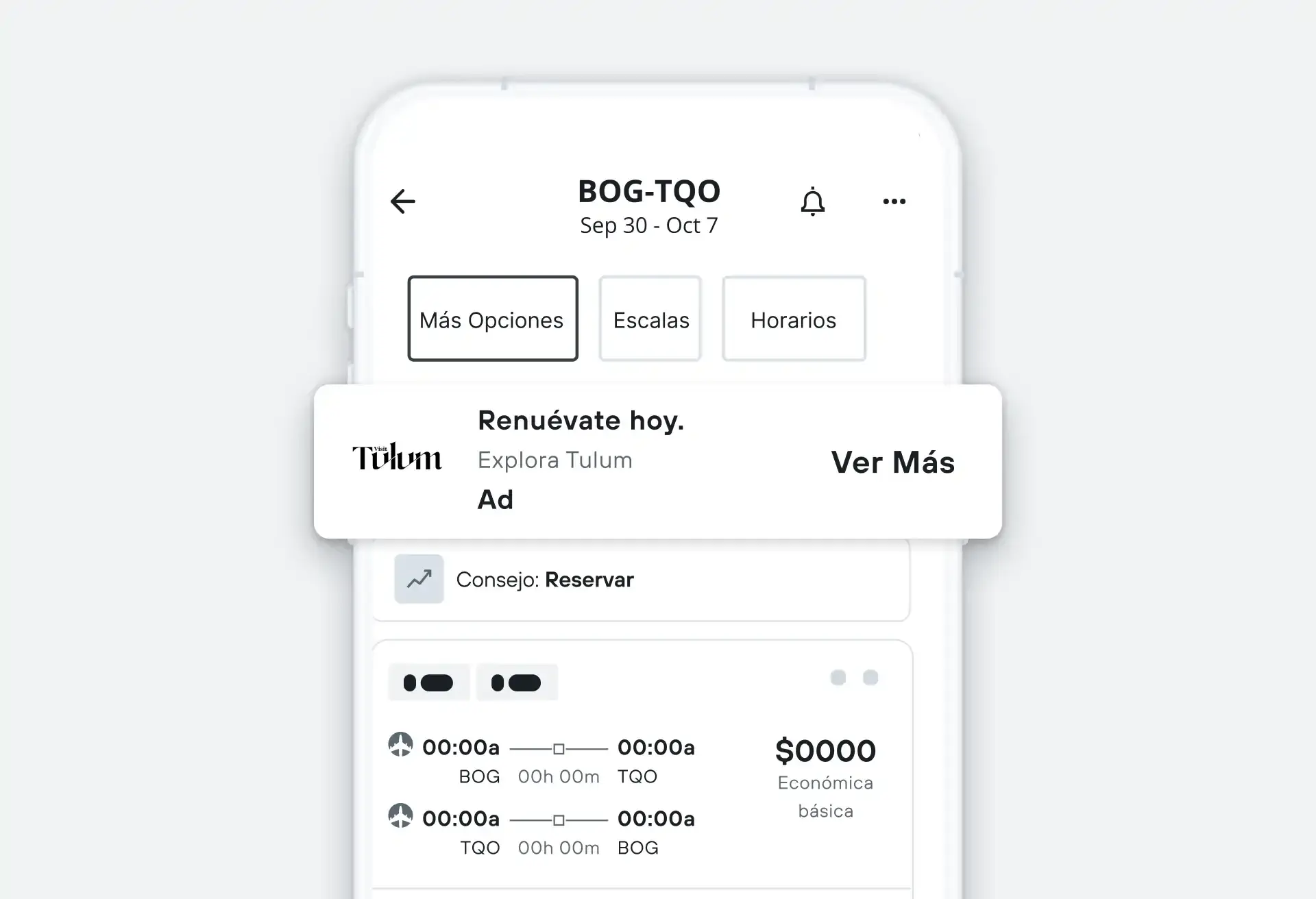 Flight search on mobile with Tulum ad inviting travelers to renew and explore.