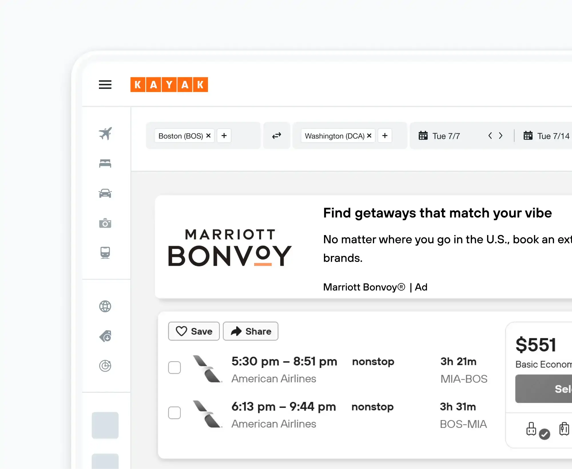 KAYAK flight results with a Marriott Bonvoy ad promoting U.S. travel getaways