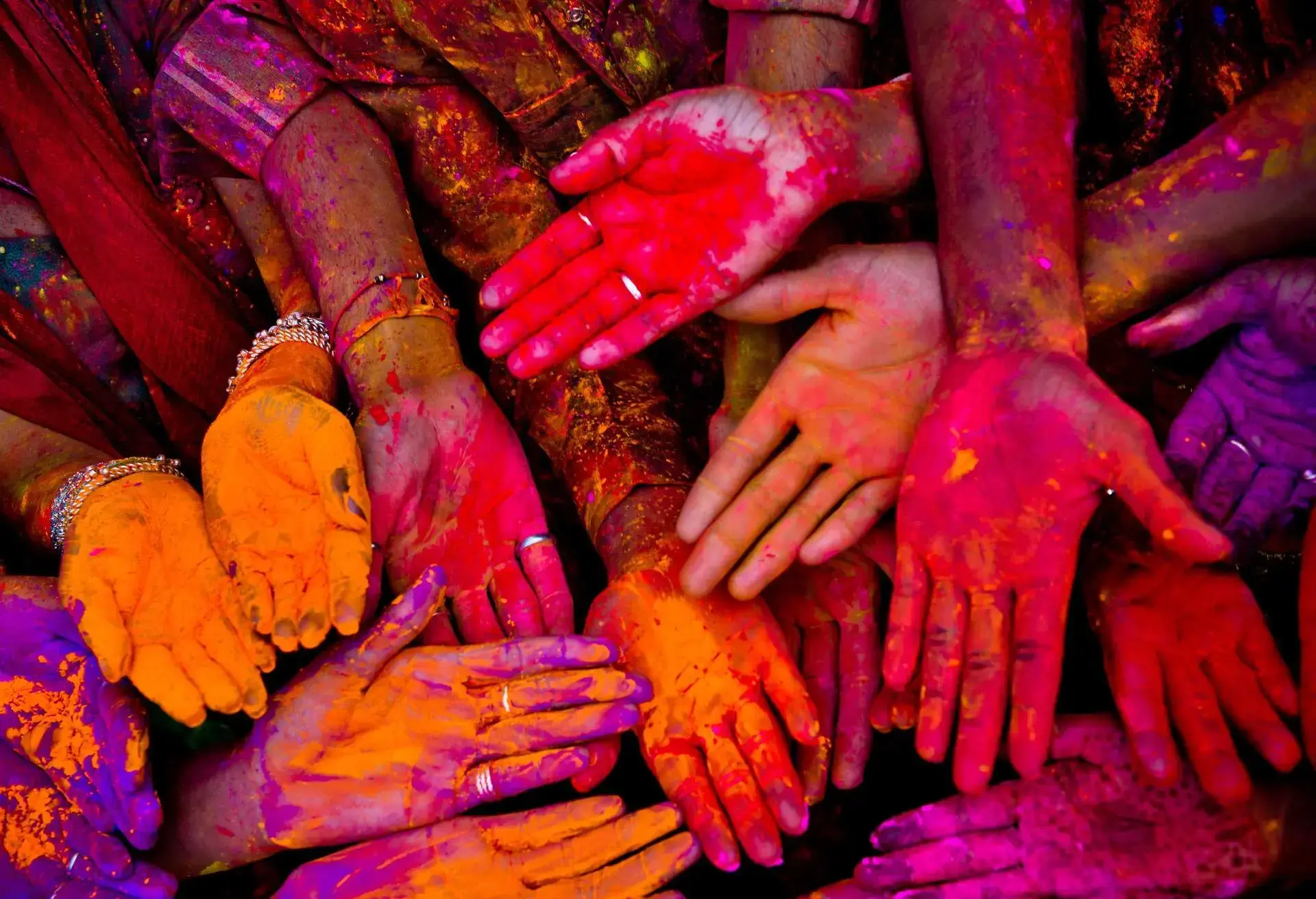 Holi festival in India with colorful hands