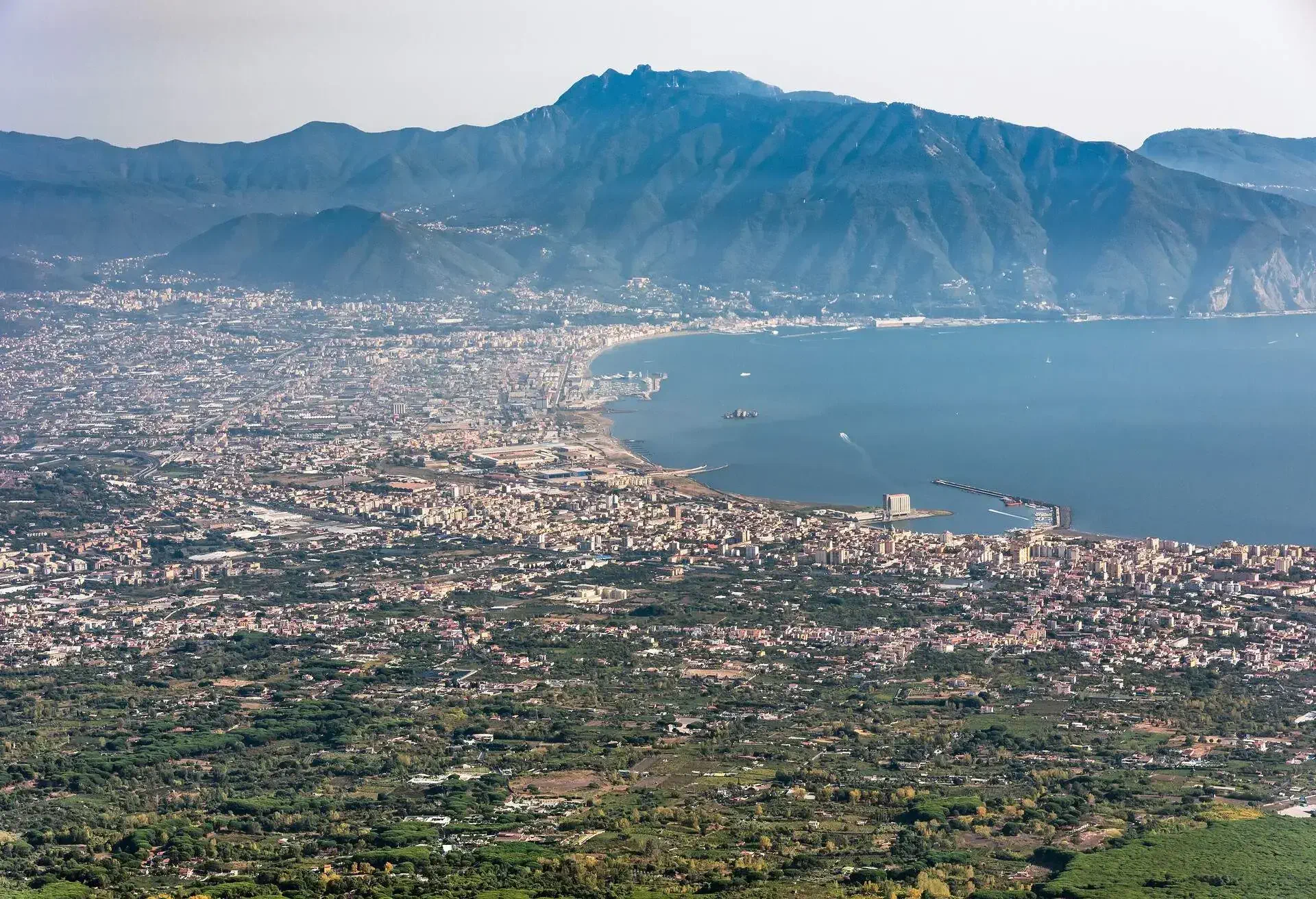 Foggy view of gulf of Naples and towns south of Mount Vesuvius