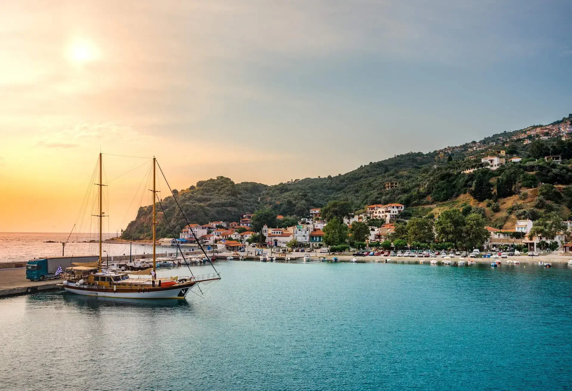 Amazing scenic village of Glossa at sunset, Skopelos, Greece.
