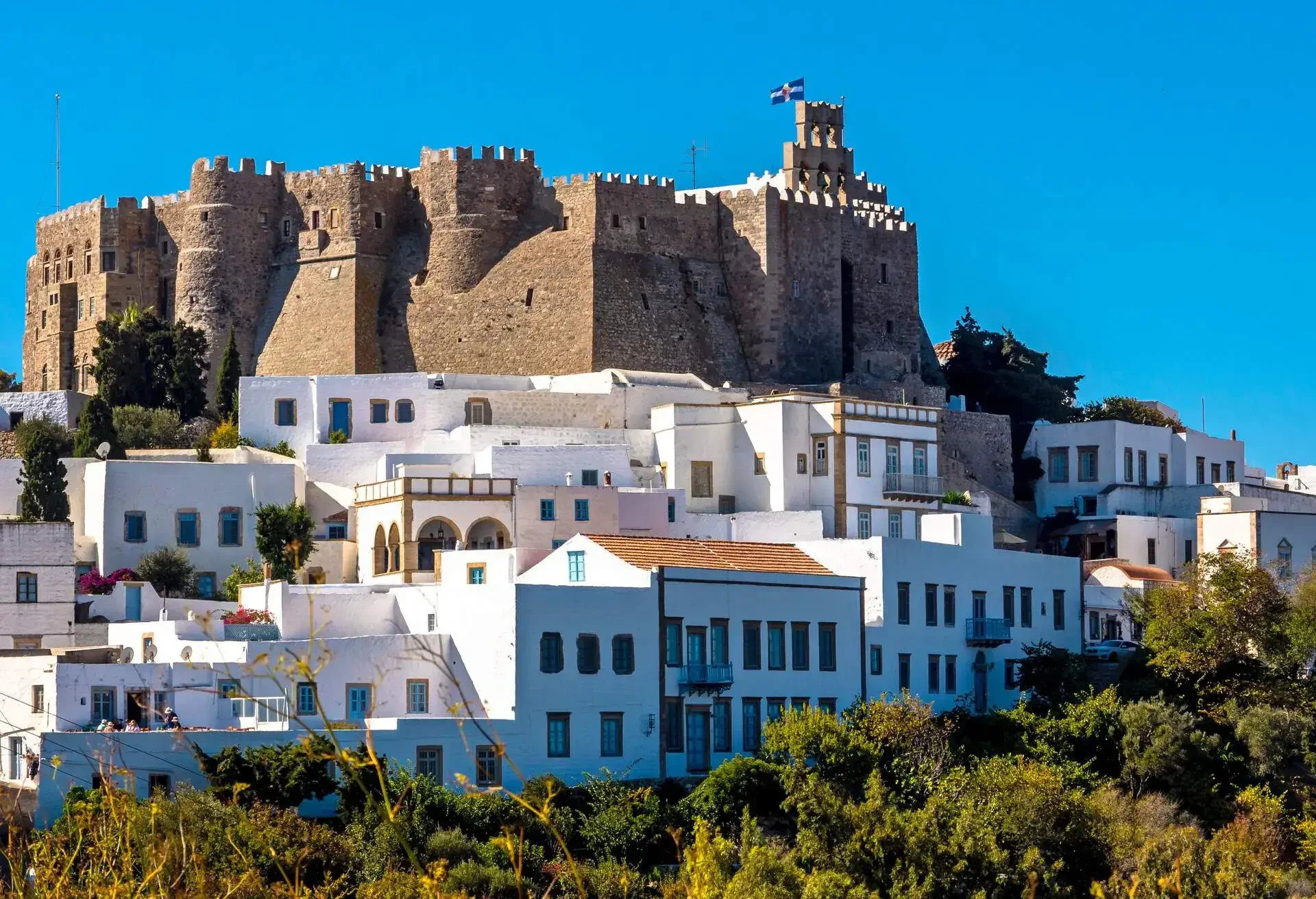 Patmos Monastery of Saint John the Theologian and Chora village; Shutterstock ID 1303774093