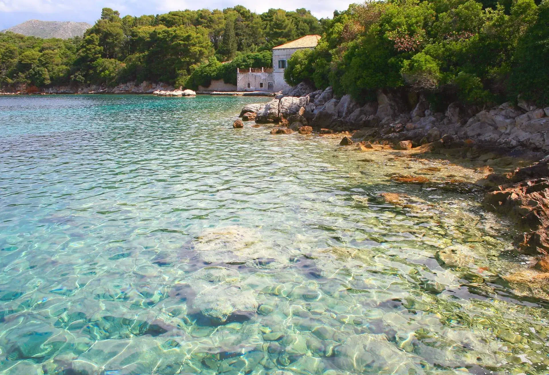 Idyllic Adriatic sea, turquoise translucent mediterranean beach, Elafiti islands ( Kolocep, Sipan and Lopud ) panorama – Dalmatia, Croatia
