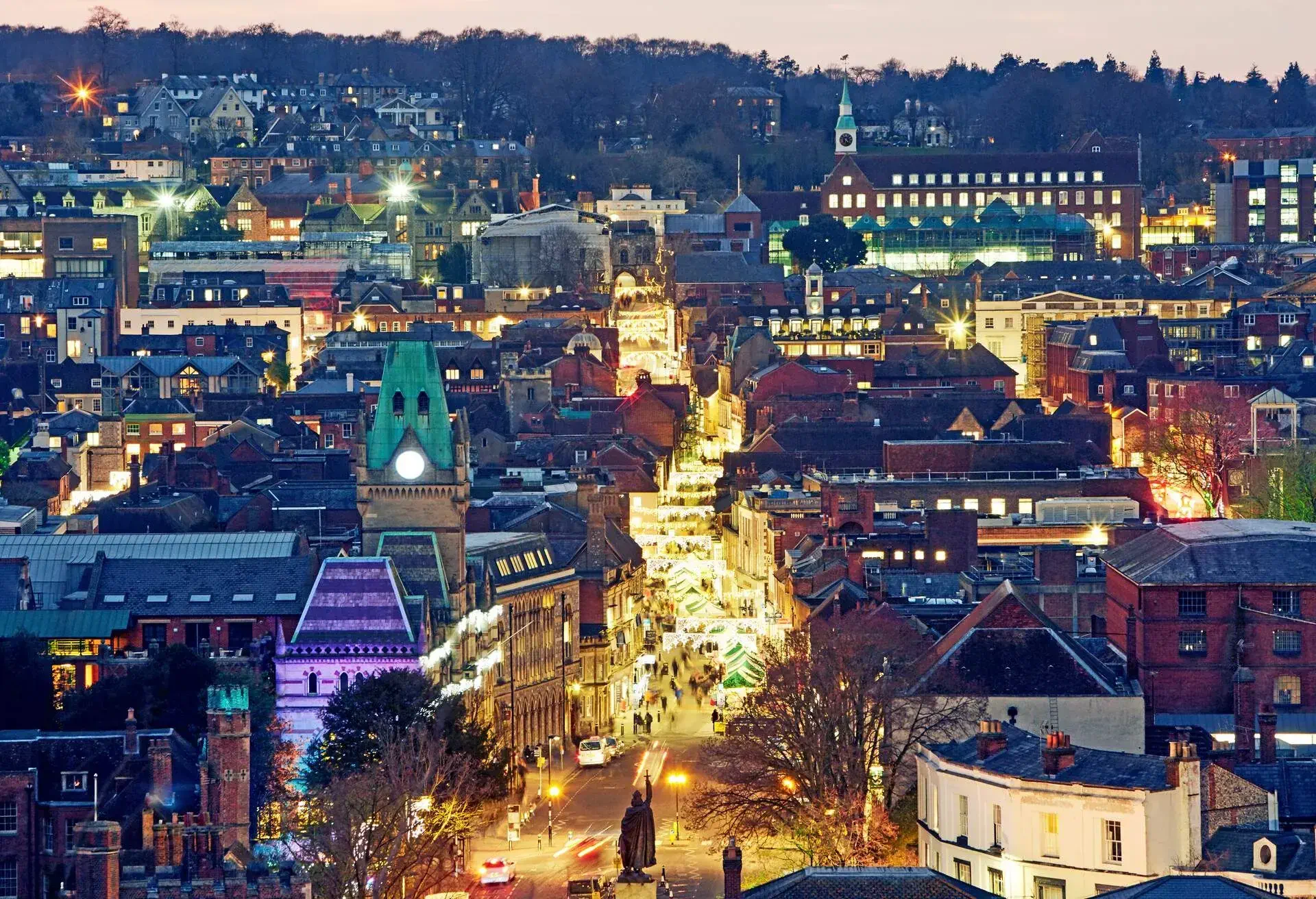Aerial view of the City Centre of Winchester with High Street with Christmas Market