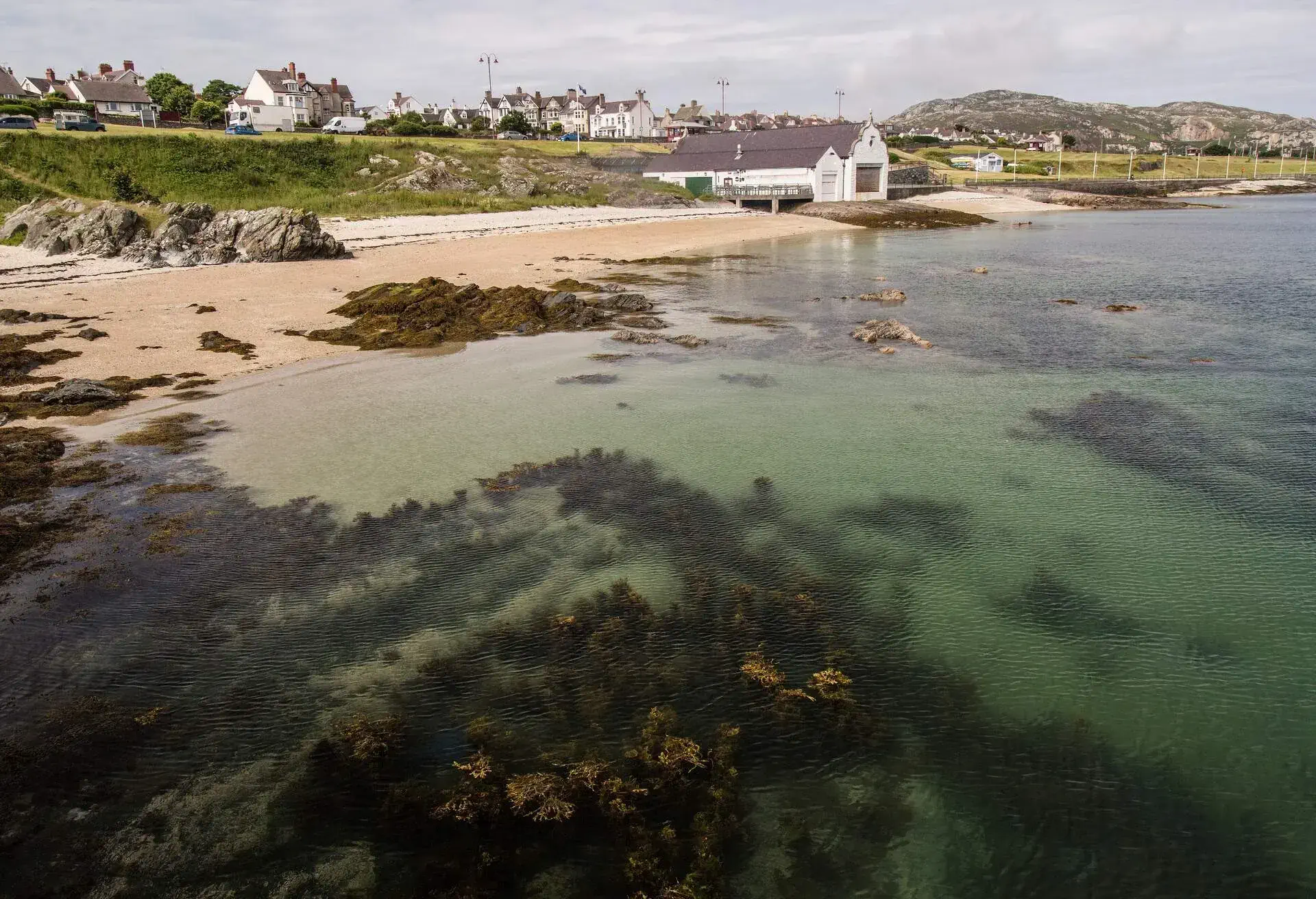 Beach at Holyhead on a Summer's day with clear waters and seaweed in foreground.