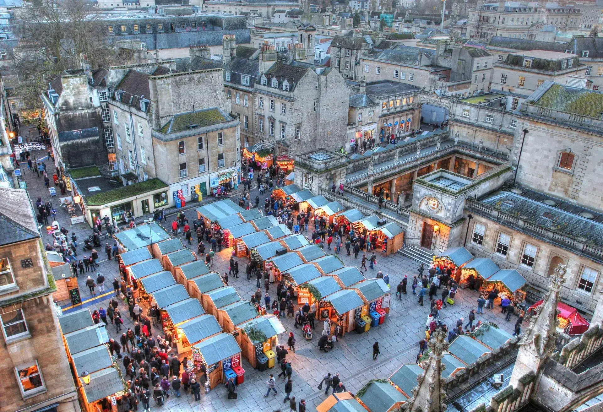 Taken from Bath Abbey, this image features the Bath Christmas Market and the Roman Baths late on a December afternoon.