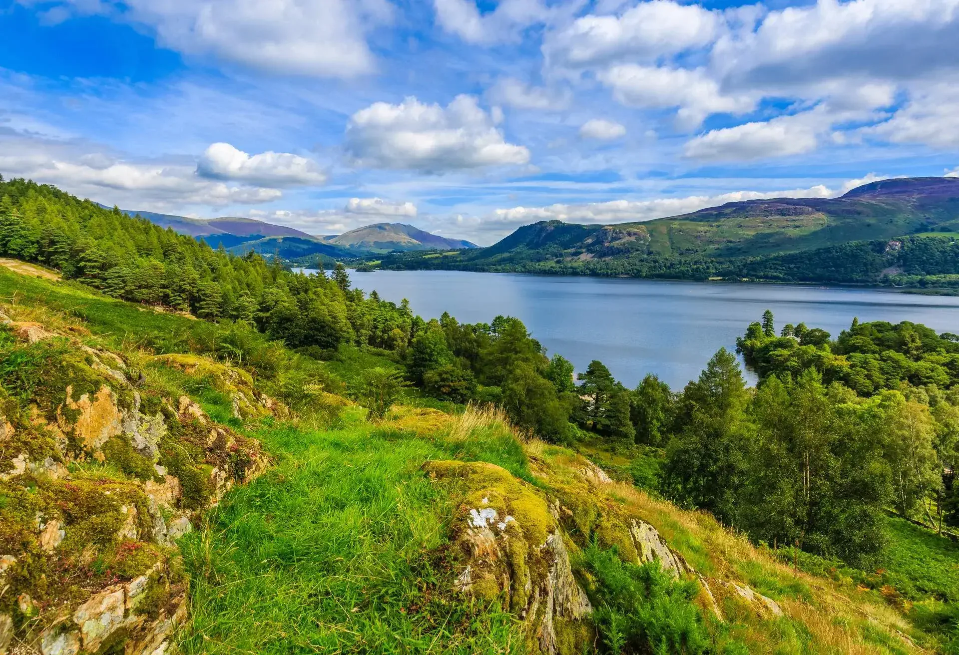 Hillside view looking over Derwentwater, The Lake District, Cumbria, England; Shutterstock ID 596427842