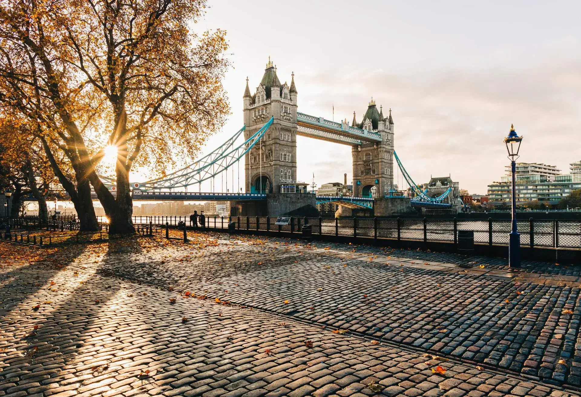 A surface level sunrise view of London, UK