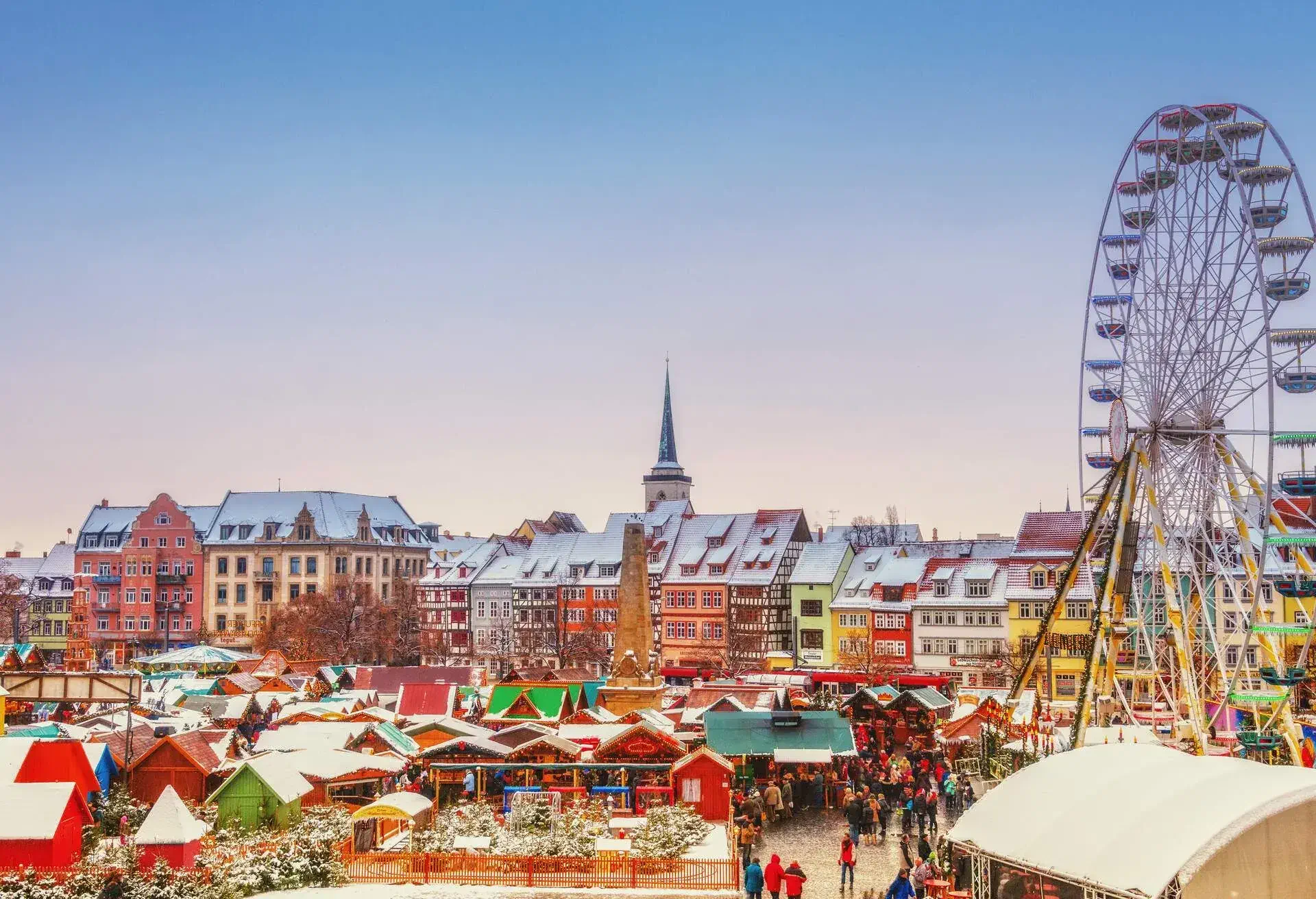 View over the skyline and christmas market at the Domplatz of Erfurt.