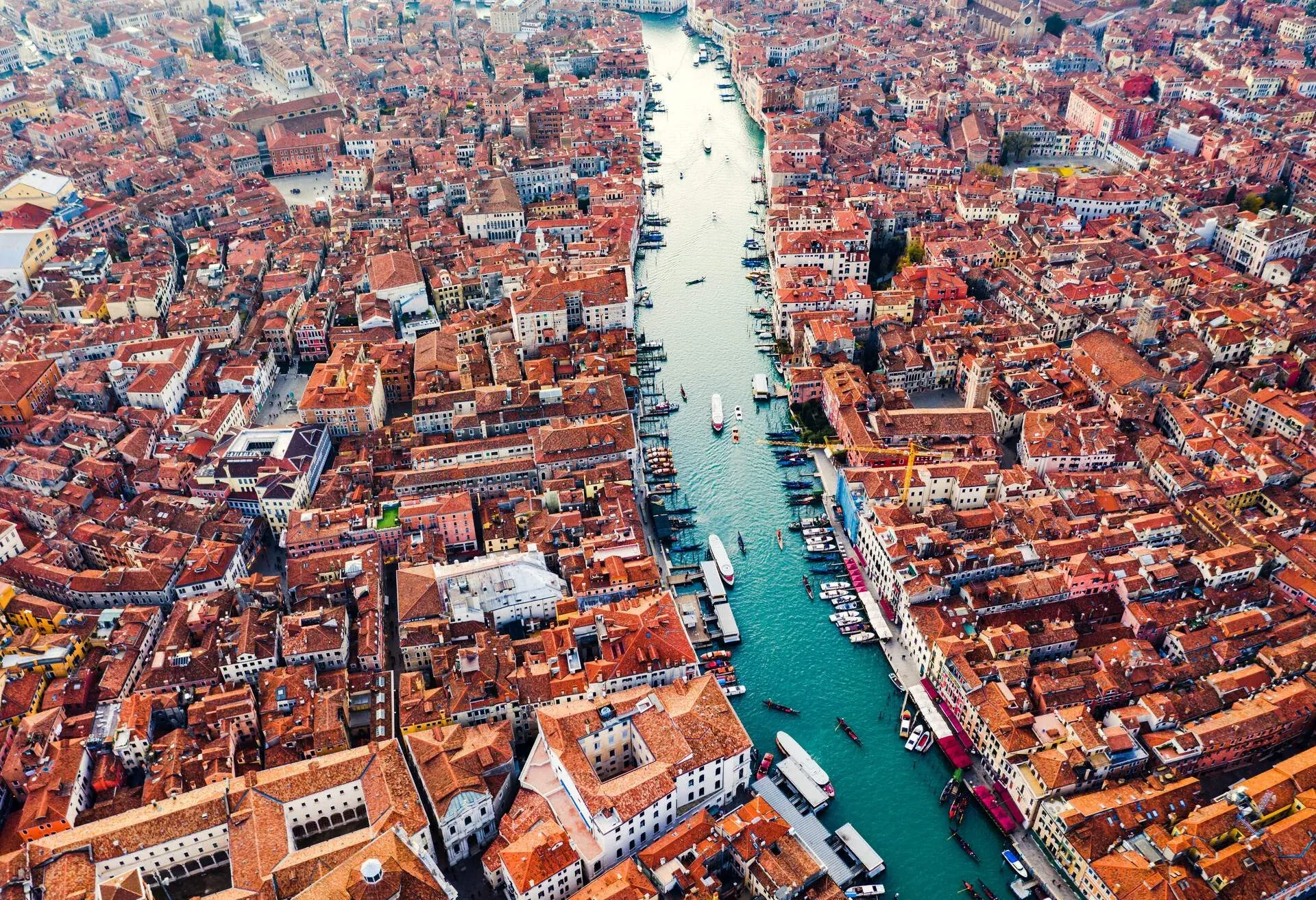 Aerial view of Grand Canal at sunset, Venice, Italy