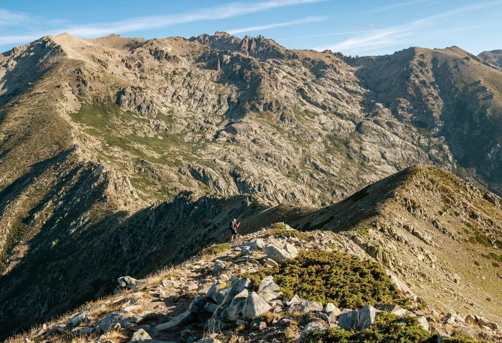 GR 20 trail (Calenzana - Conca) is about 180 km long with 12'000m of elevation gain and takes around 16 days. Day 8 from Petra Piana to Onda by the ridges variant