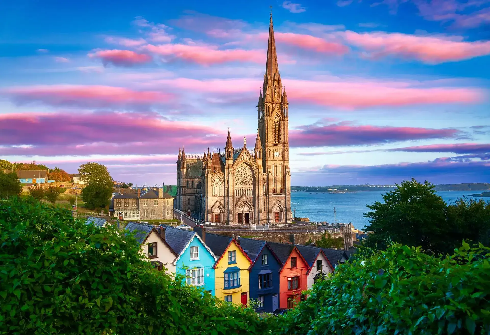 St. Colman's Cathedral in Cobh is a harbor town in County Cork, Ireland. Formerly known as Queenstown, it remains one of the major Irish ports and popular with tourists and travel. Below the Cathedral colorful houses line the foreground - the appropriate named Deck of Cards houses, 23 identical houses built on 23 levels and each one differs in color from the other. A dramatic sunset bathes the cathedral and skyline in dramatic light. Largest file is of very high resolution and detail, photographed with latest state of the art camera.