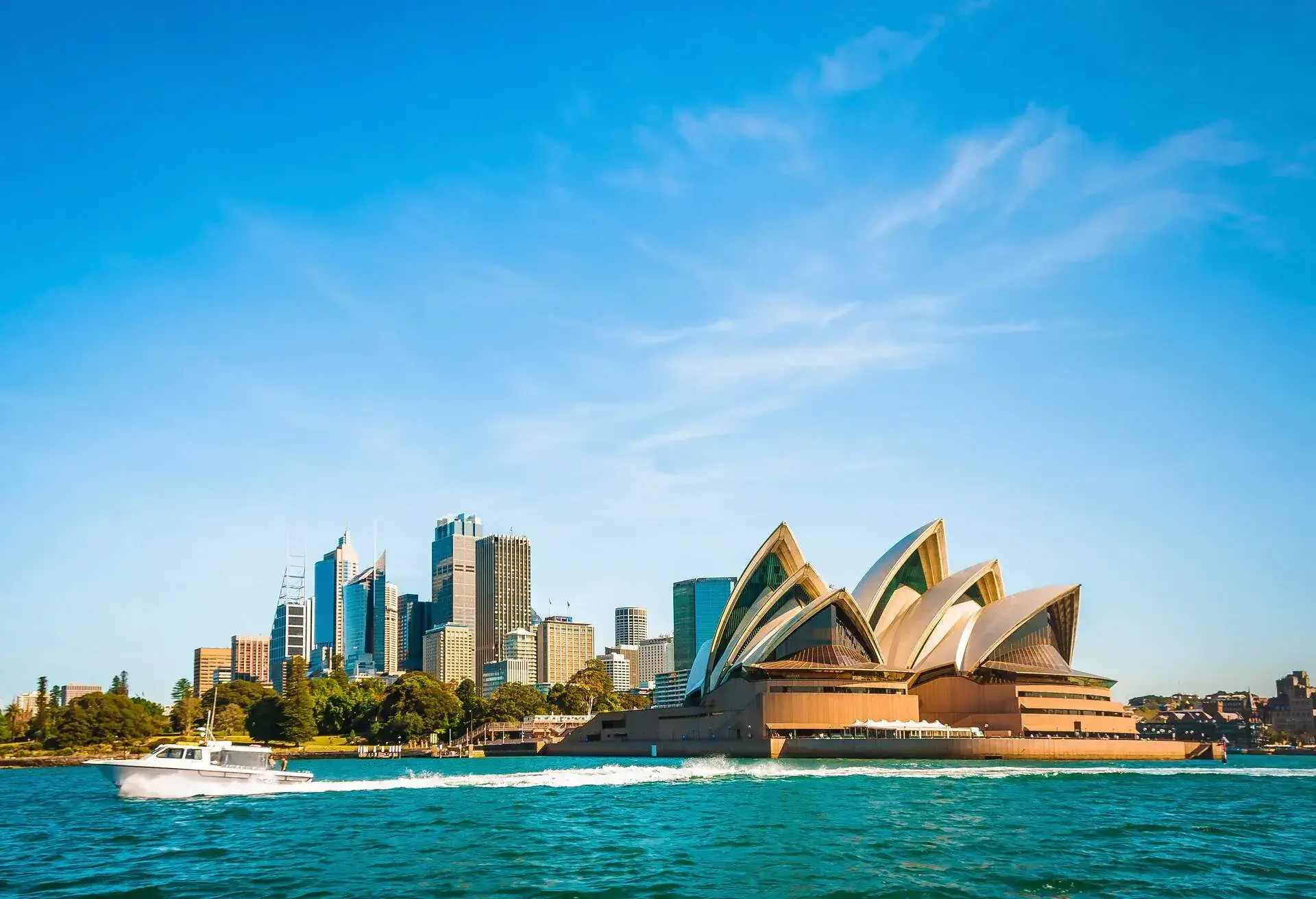The city skyline of Sydney, Australia. Circular Quay and Opera House. touristic points, travel photo, sunny day