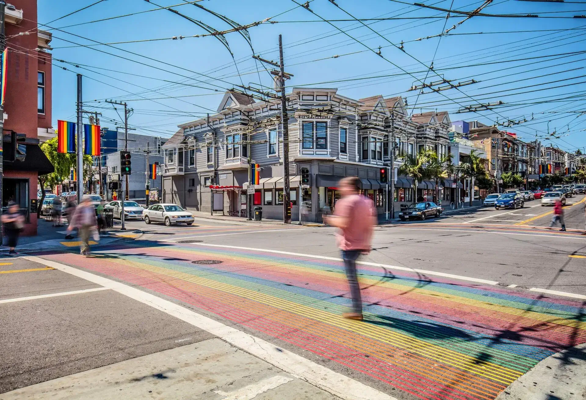 Castro District Rainbow Crosswalk Intersection - San Francisco, California, USA.