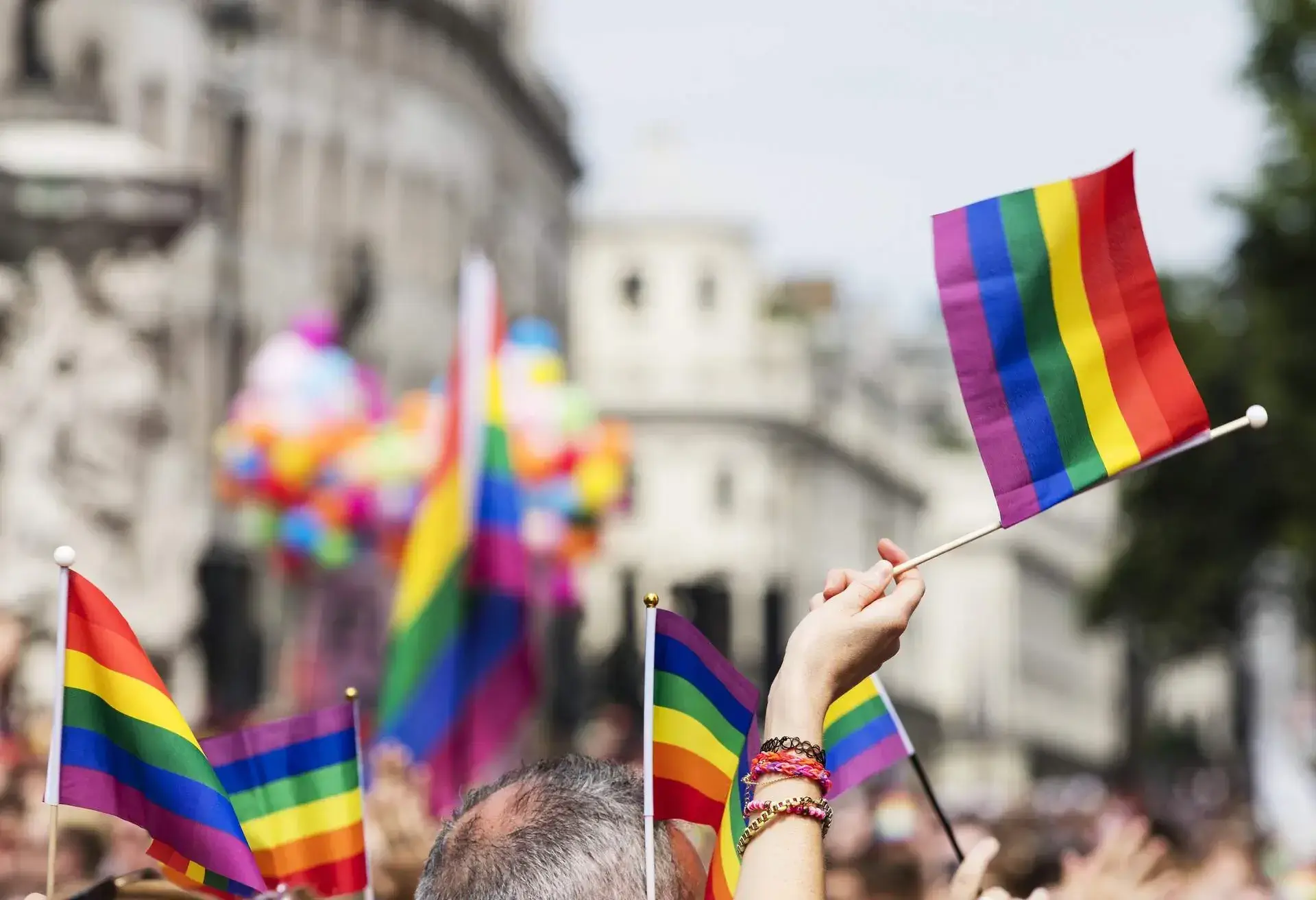 People raising small rainbow flags over a large crowd.
