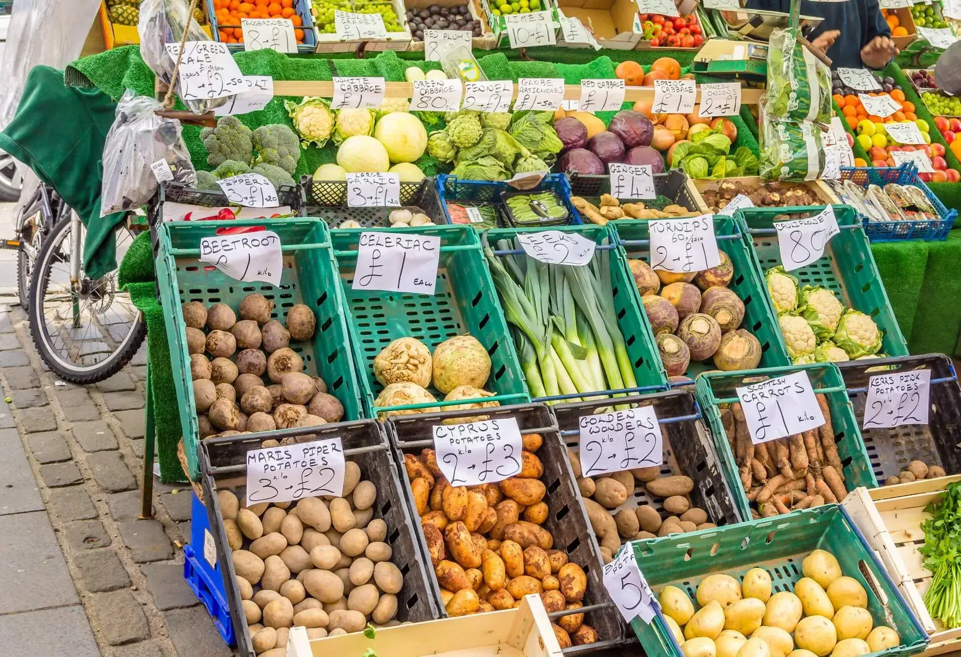 Fesh vegetables on sale on a market stall in Grassmarket, Edinburgh.