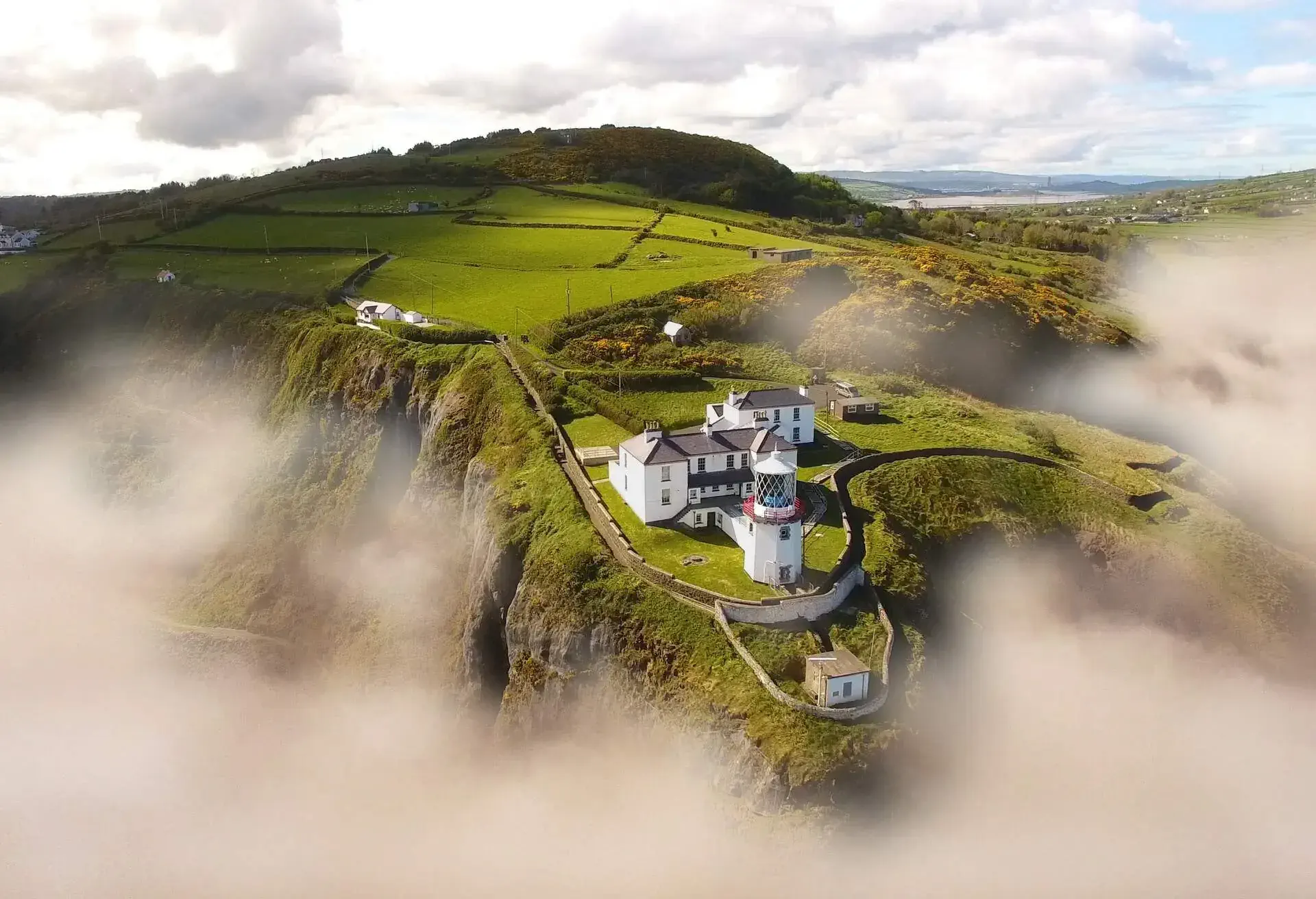 Blackhead Lighthouse Belfast Lough Co Antrim Northern Ireland in mist fog