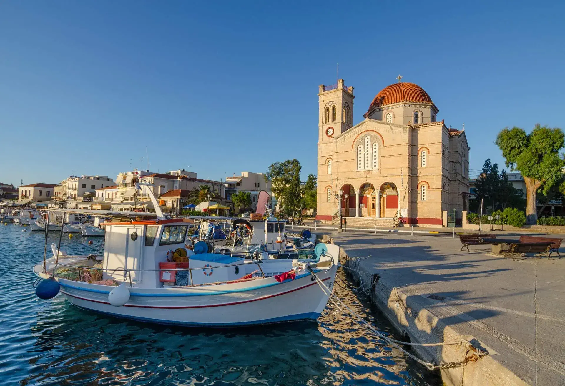 Greece fishermen town sunrise.