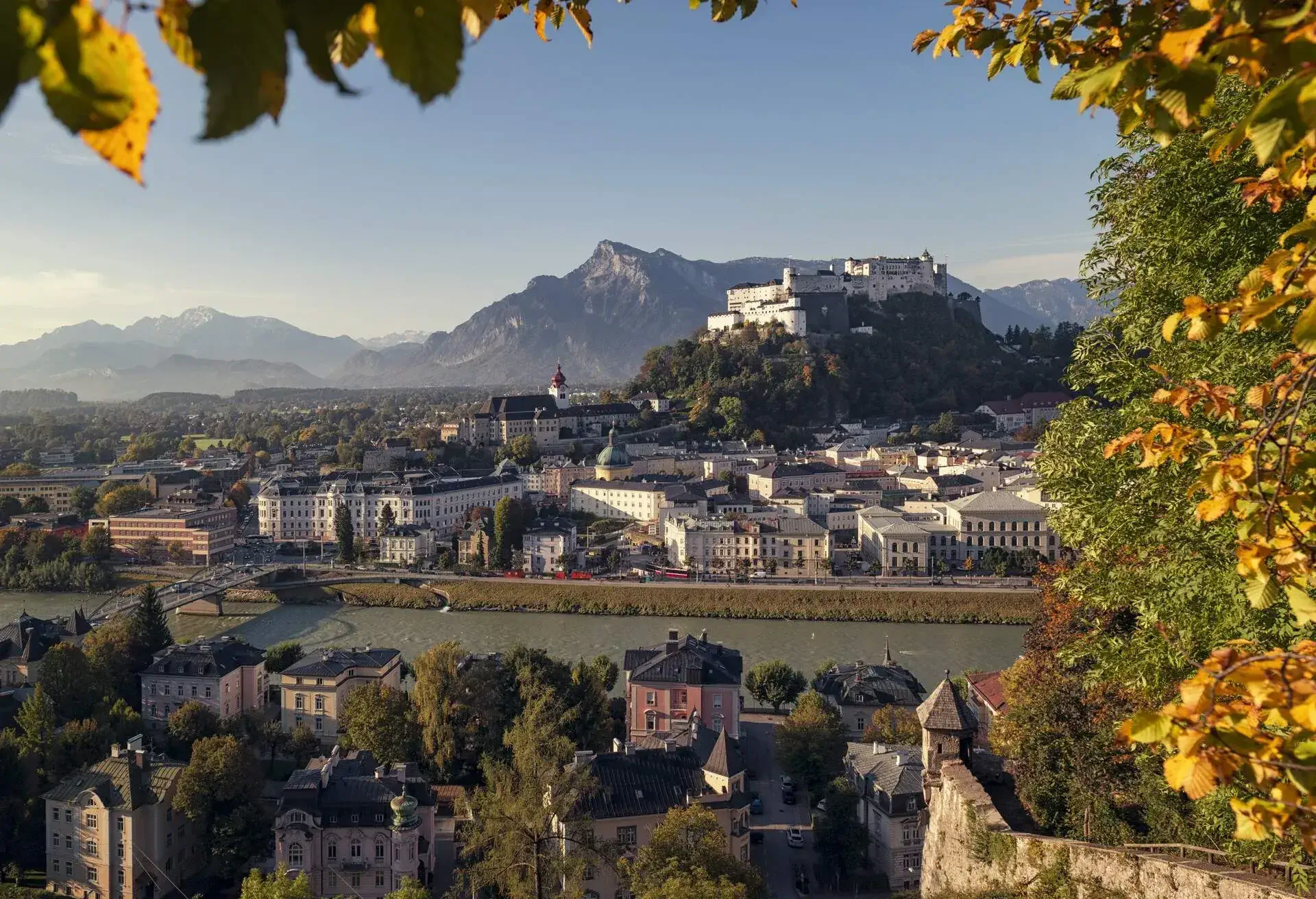 Autumn panorama of the old town in Salzburg, Austria - view from Kapuziner Hill.