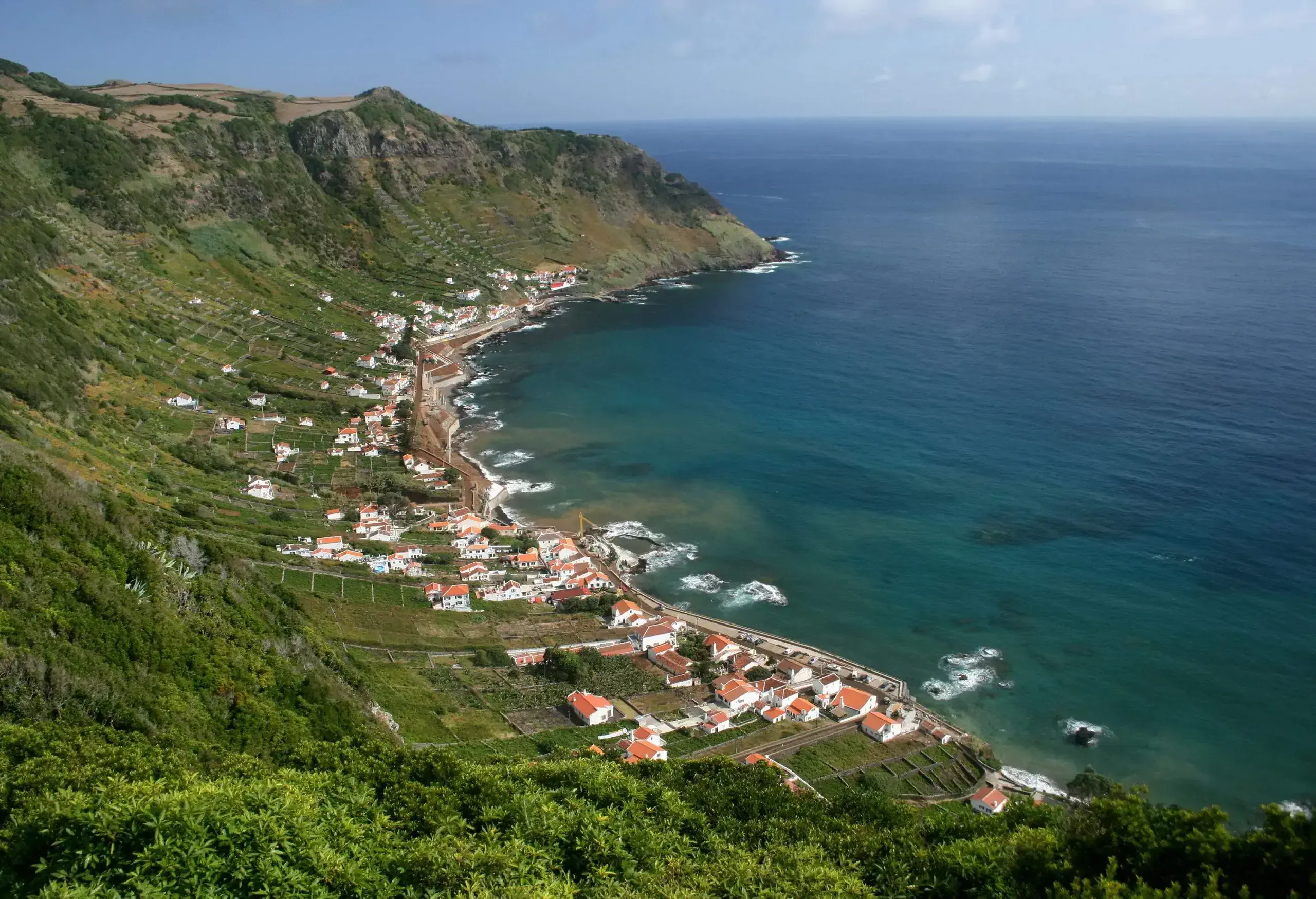 A coastal village at the base of forested slopes with sweeping views of a vast ocean.