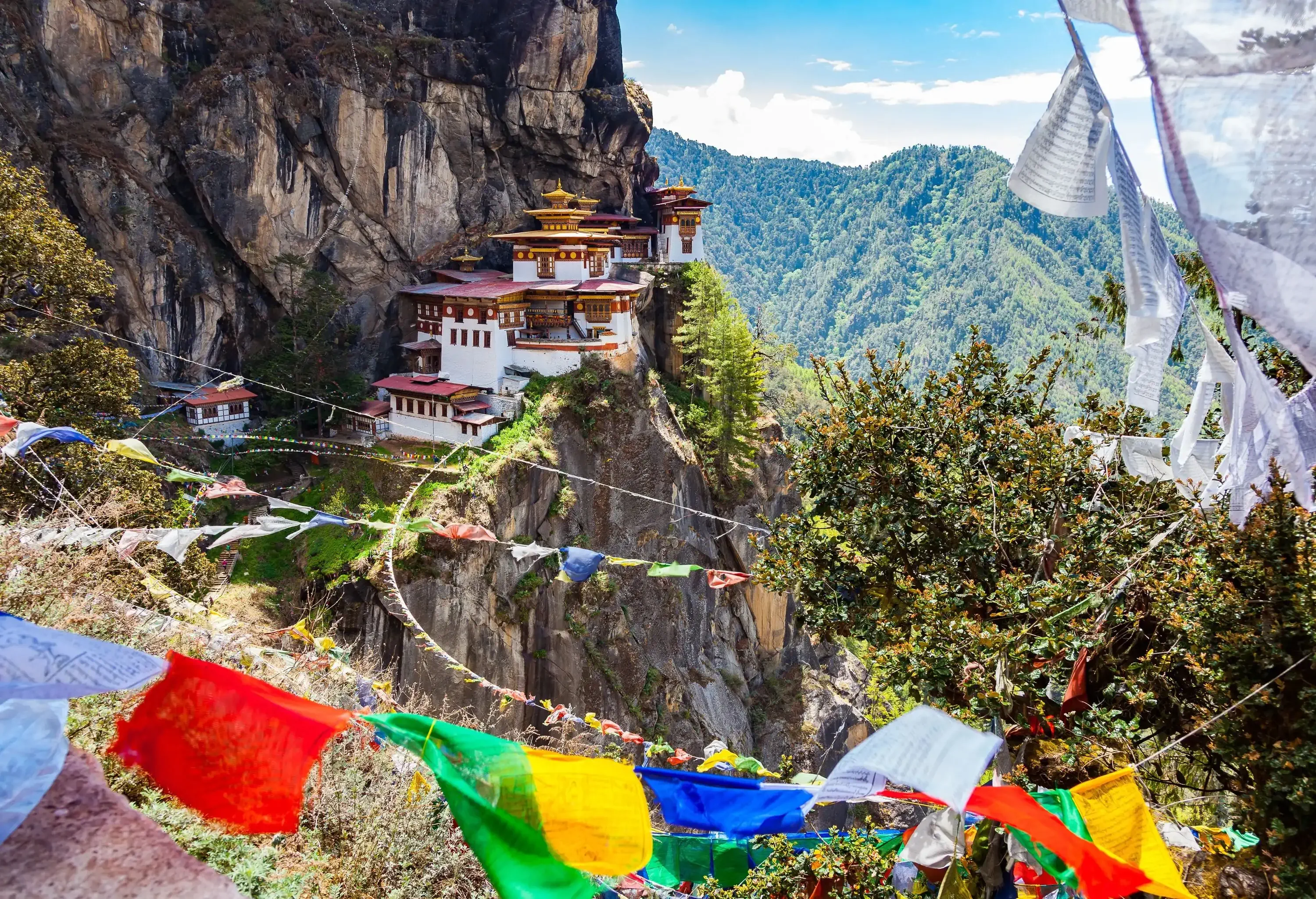 Paro Taktsang is a cliffside Buddhist monastery as seen from a hilltop with colourful hanged banners.