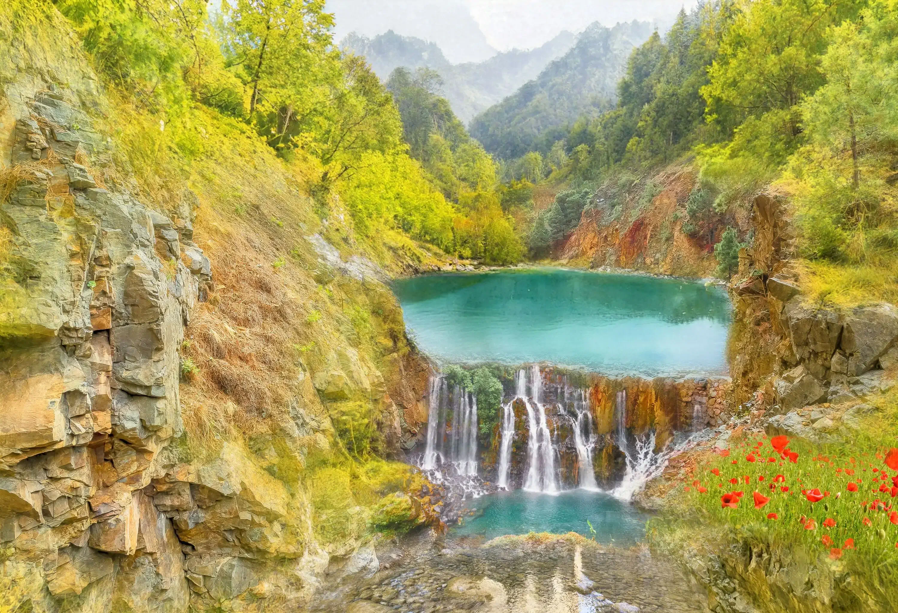 A small waterfall cascades into a stream between rocky slopes covered in vibrant fall foliage.