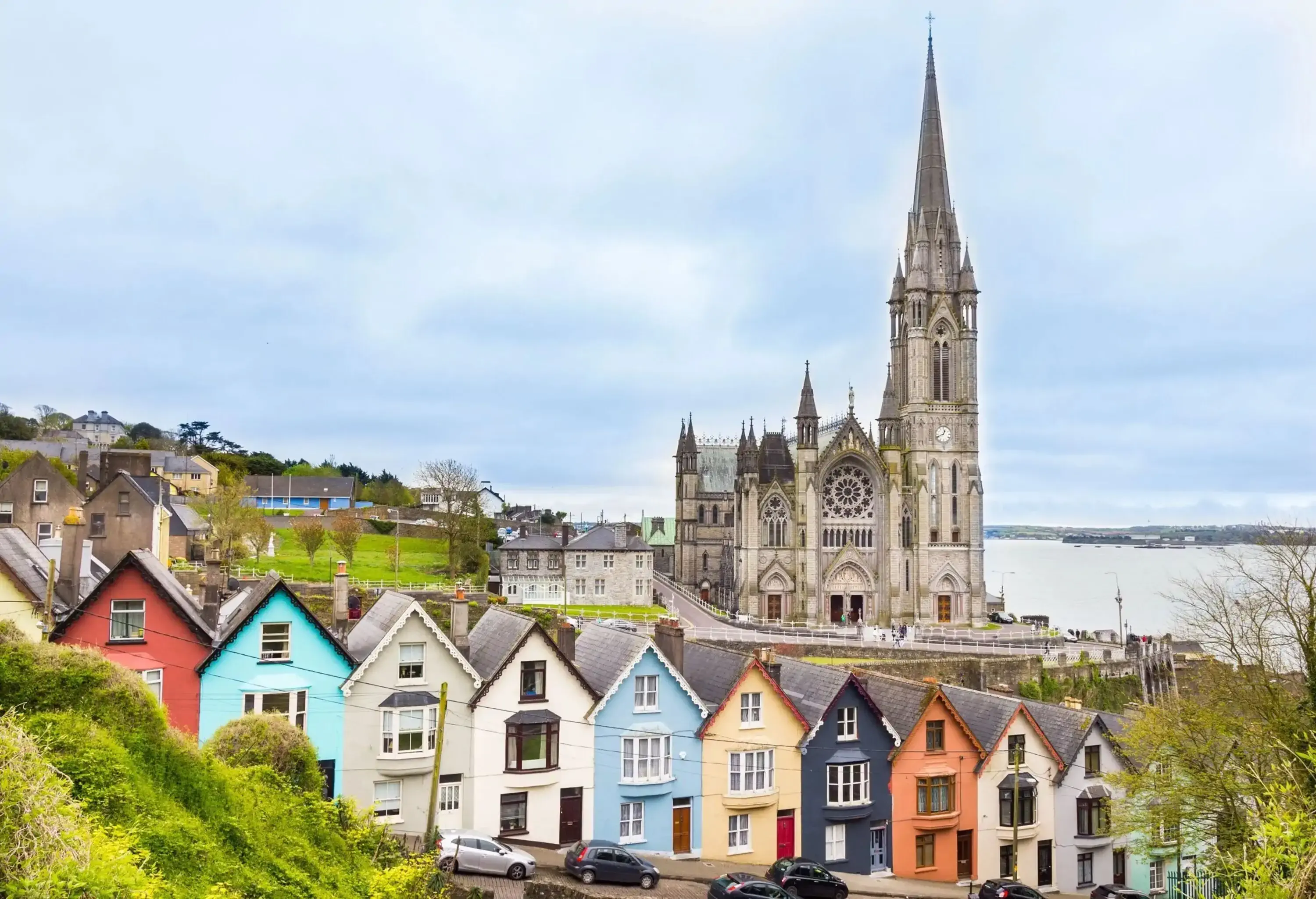 Cathedral and colored houses in Cobh, Ireland