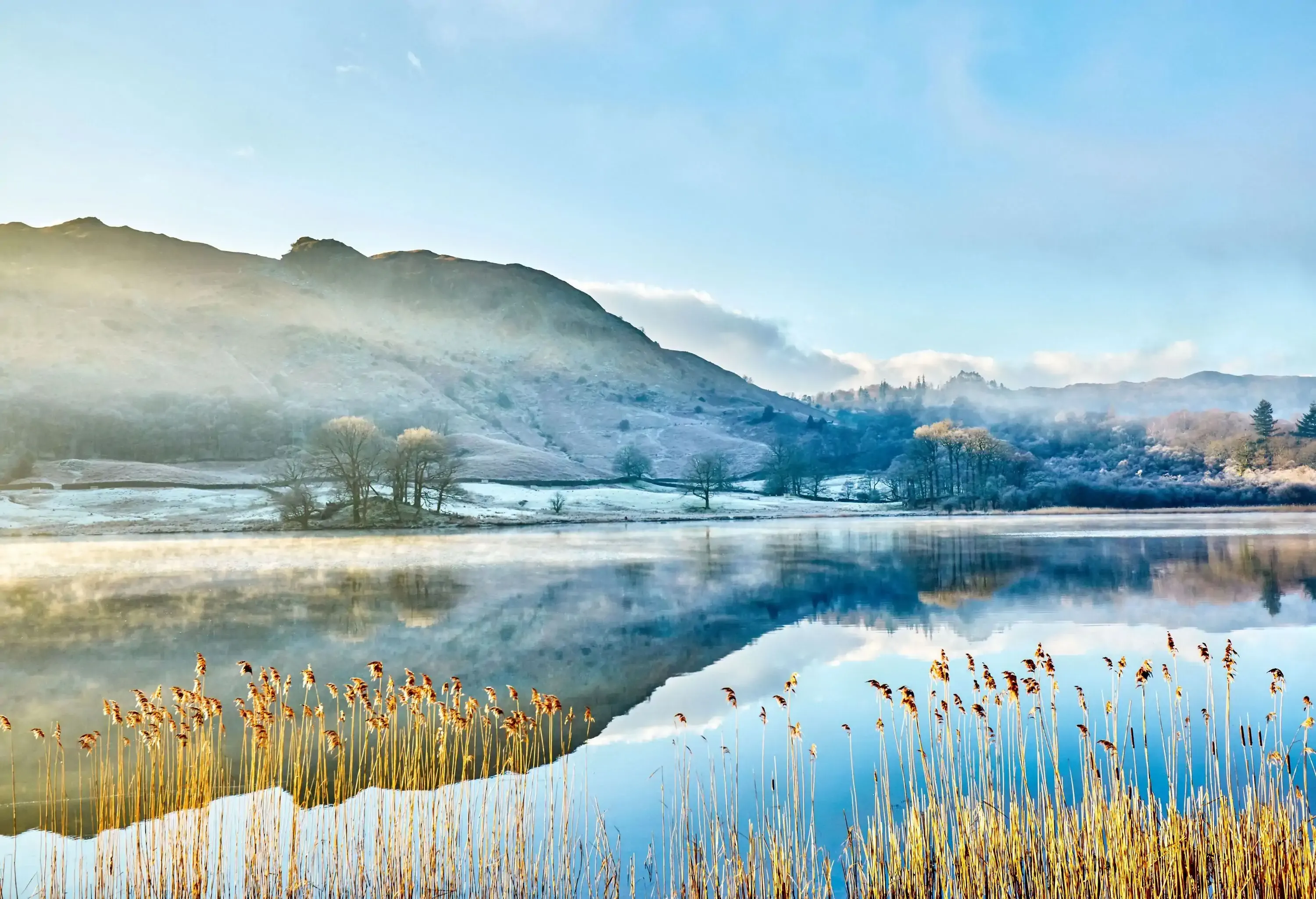 English Lake District in a early winter morning with a coating of frost and mist, Lake District, England.