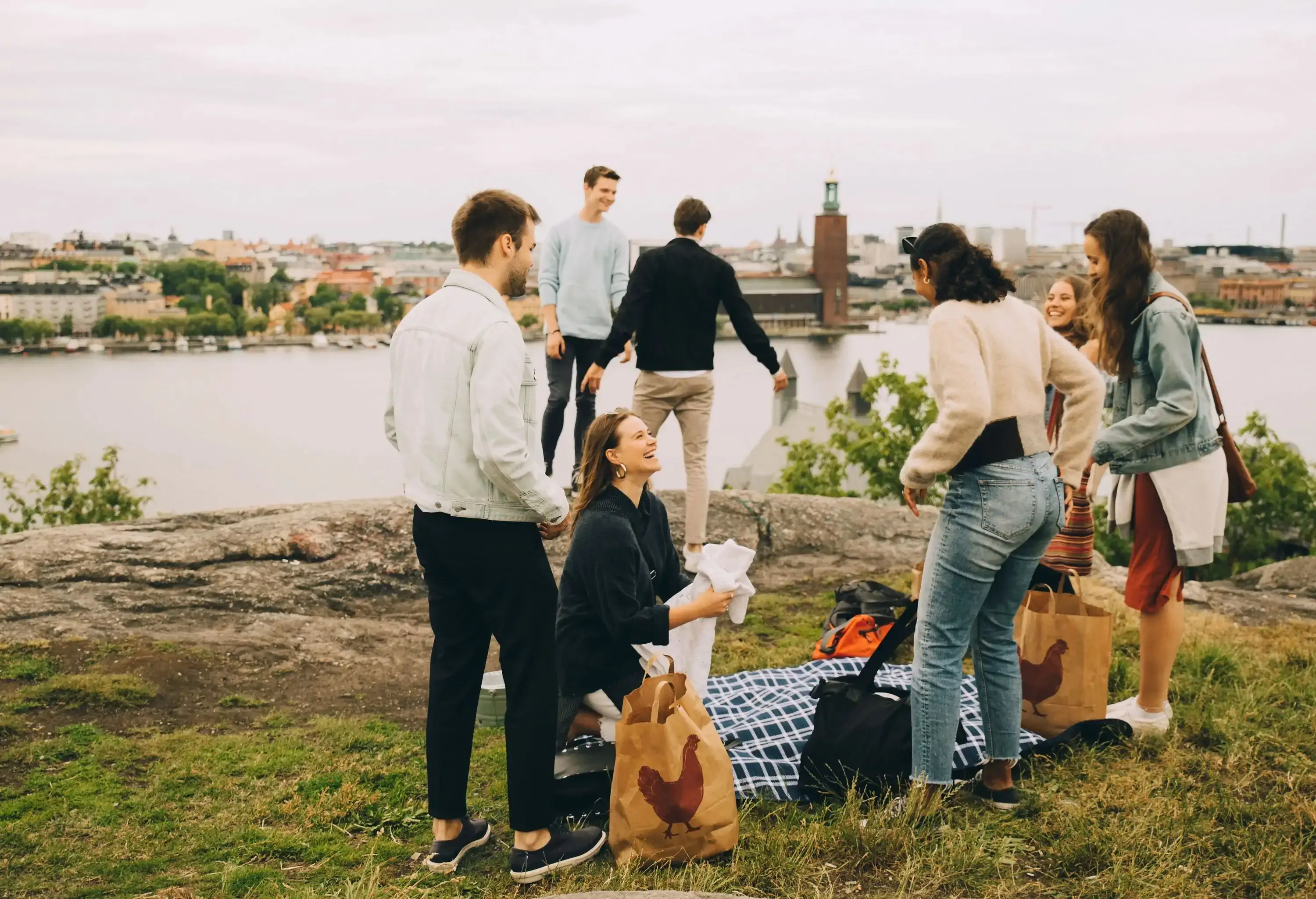 Happy friends with bags and picnic talking on field overlooking lake of a capital city on an overcast day