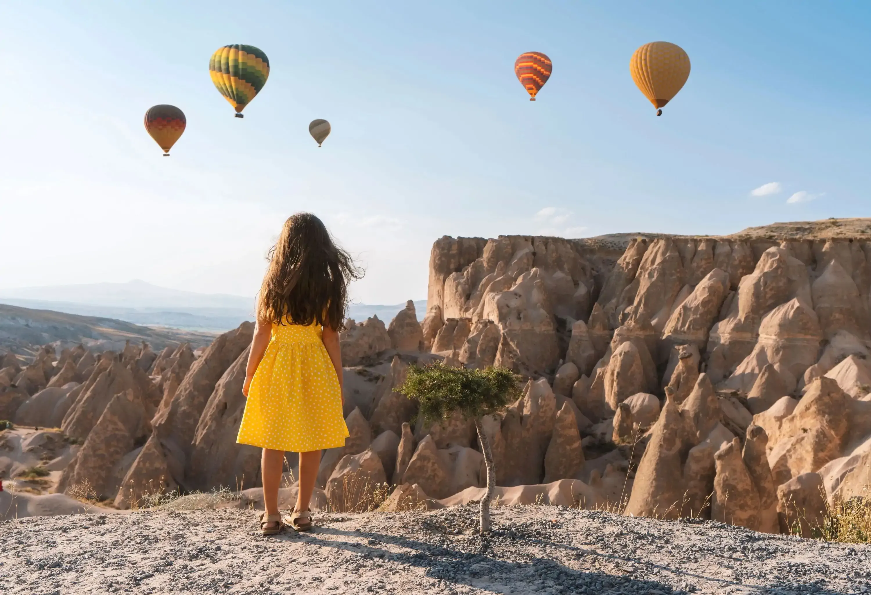 A little girl in a yellow dress watches the colourful hot air balloons flying high.