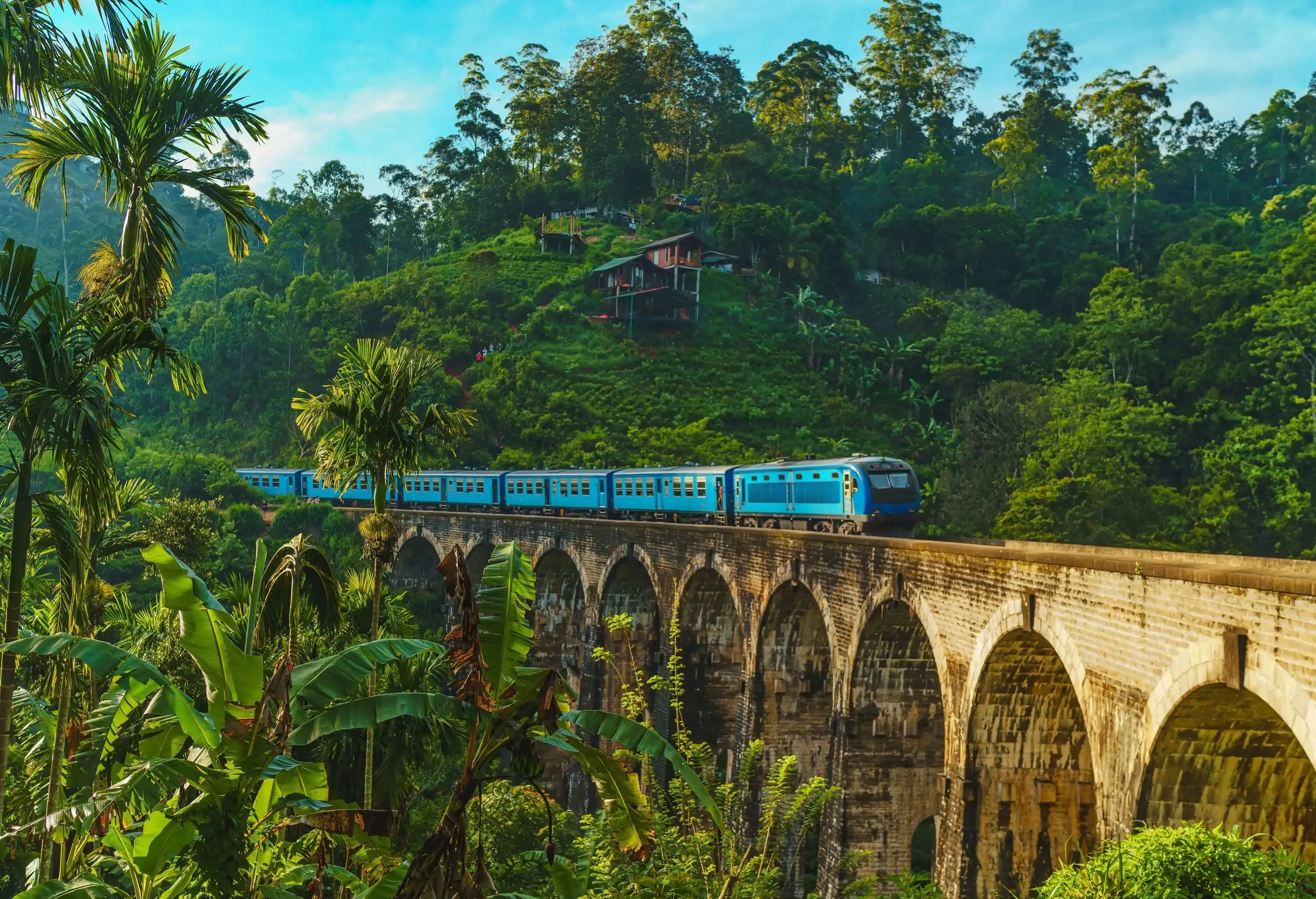 A blue train travelling on a railway arch bridge that is running between forests and hills.