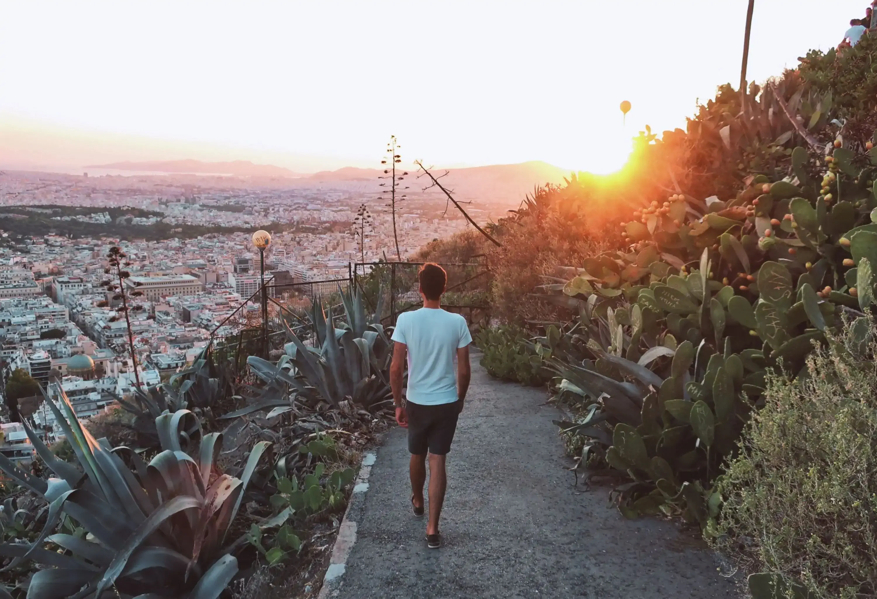 A man walks along a path full of cacti, admiring the whitewashed city at sunset.
