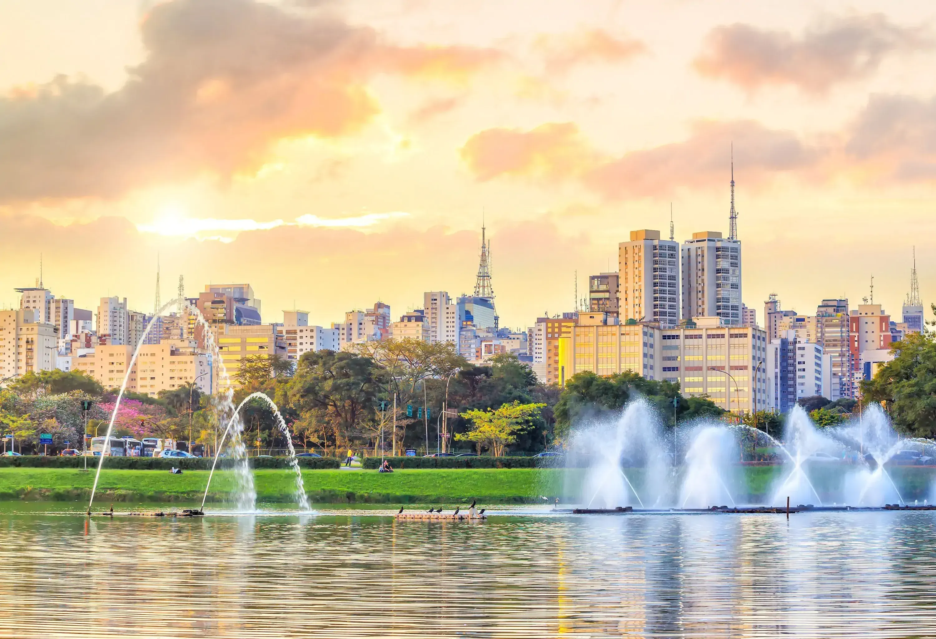 A lake in a park with a water fountain and high-rise structures behind it.