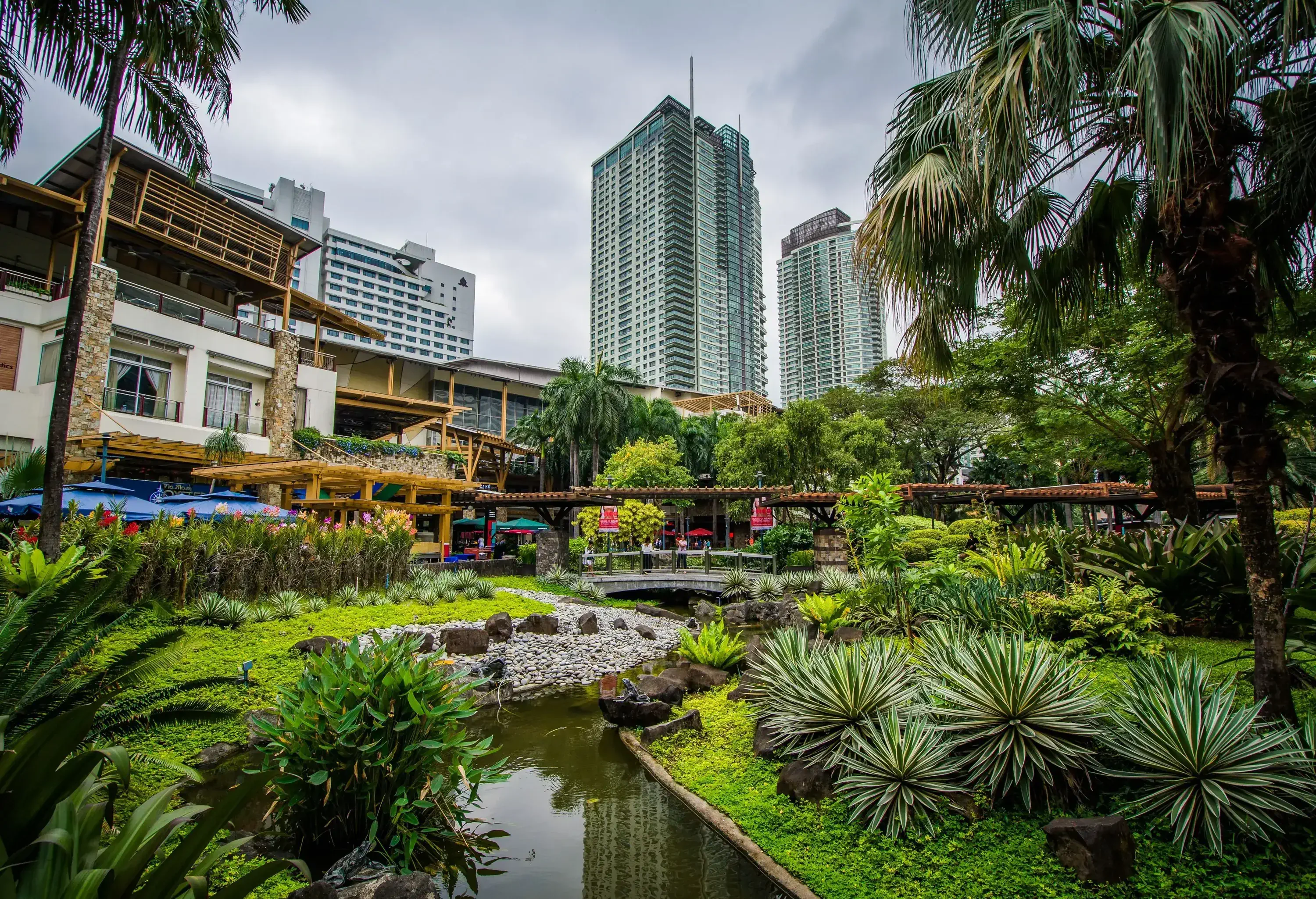 A pond in a park surrounded by green grass and trees, with city skyscrapers in the background.