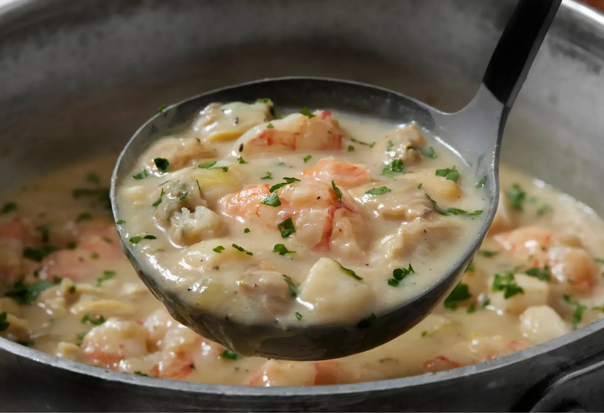 Ladle of creamy seafood stew with shrimp, fish, and herbs.
