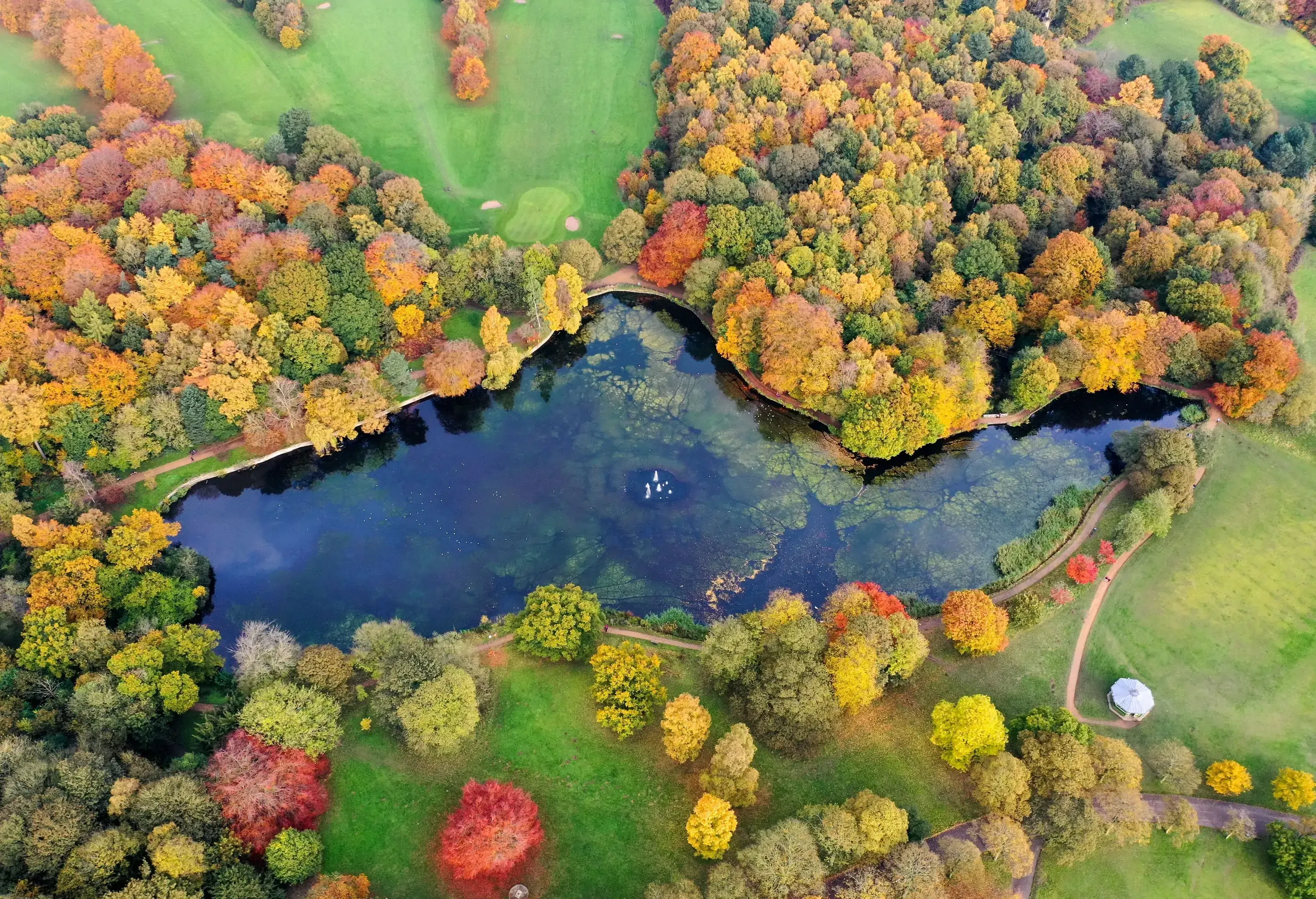Aerial photo of a lake covered by trees showing the autumn colours in the woods.