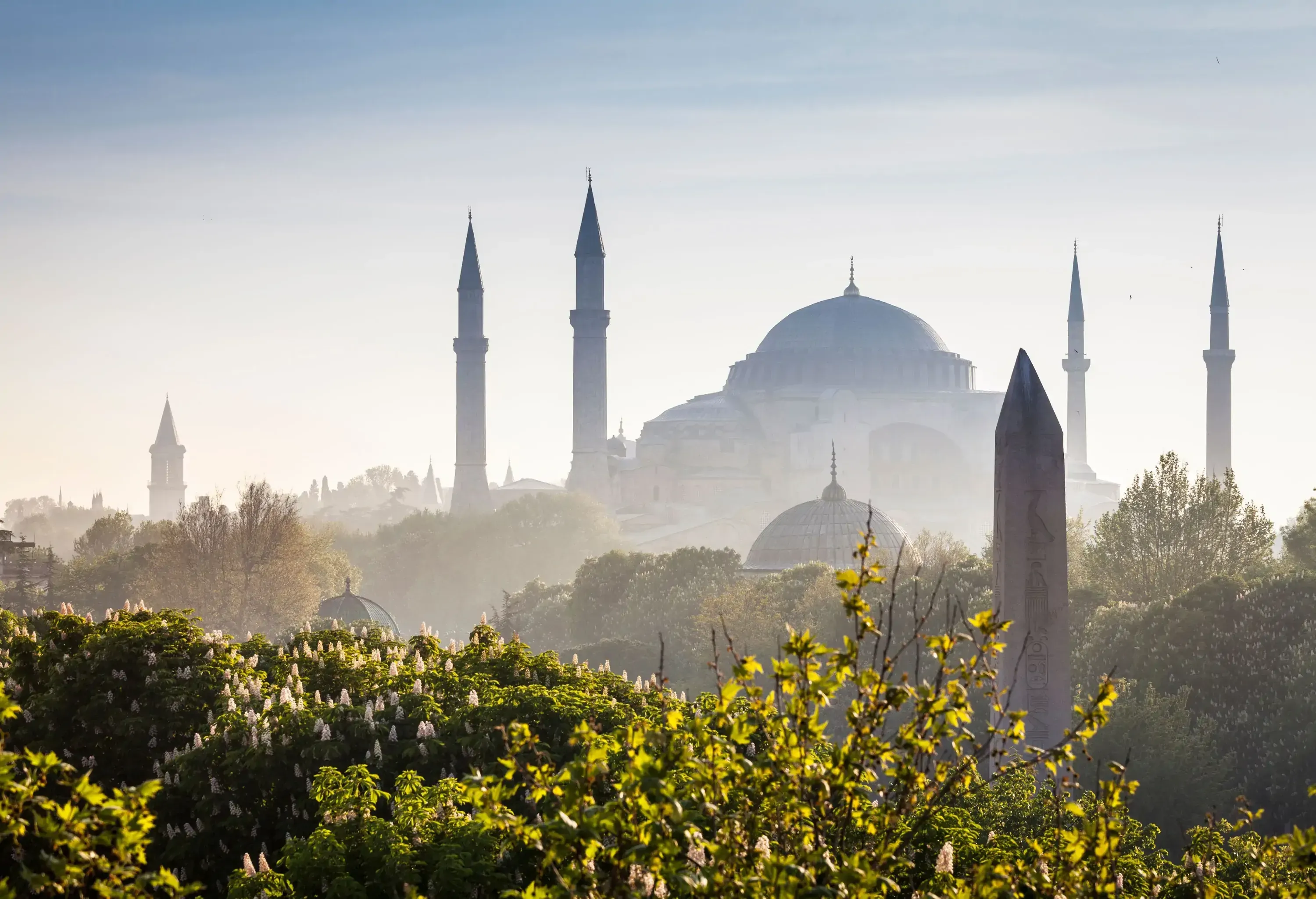 Silhouette of a mosque with tall and slender towers over the lush trees.