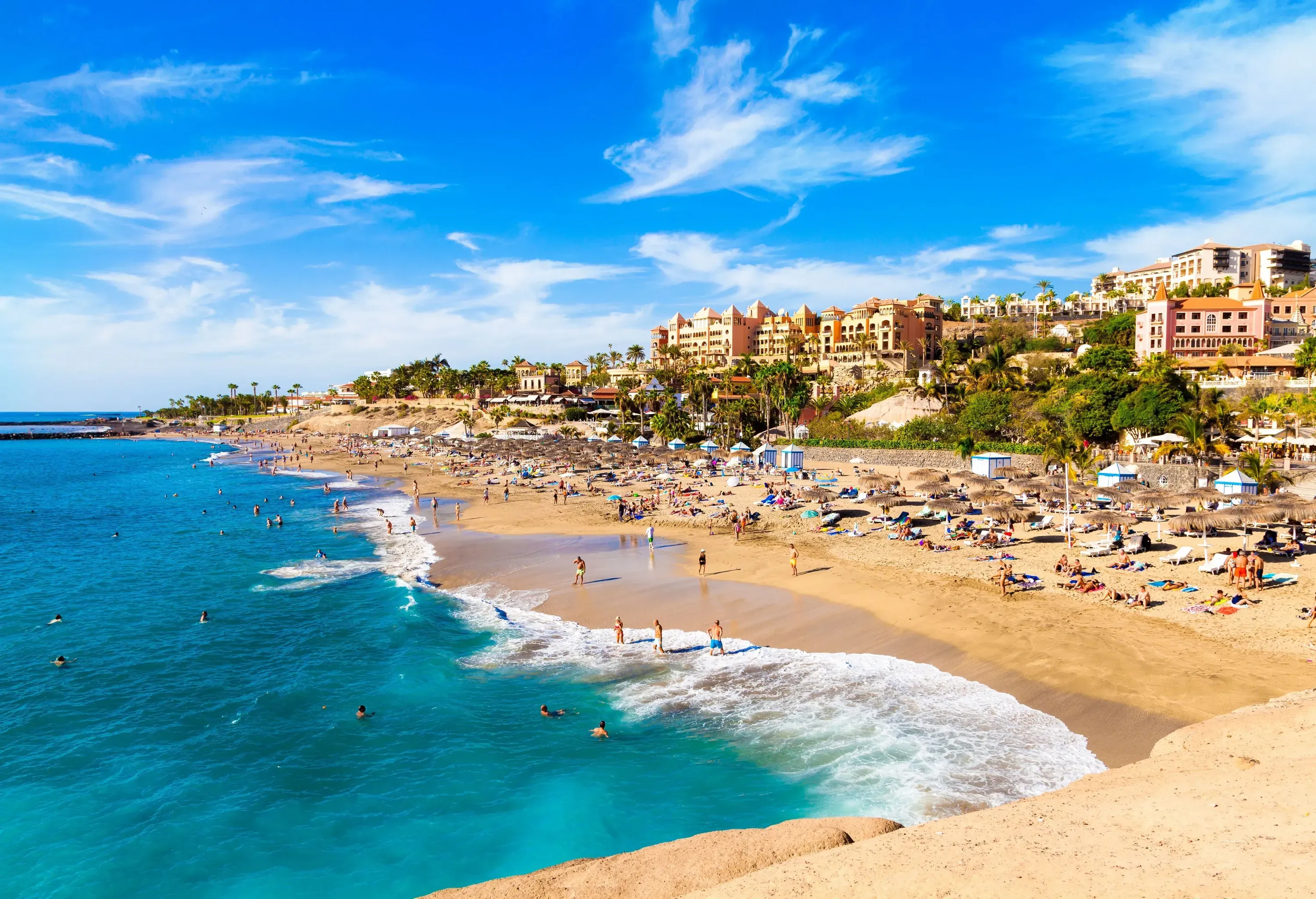 Packed beach with porta-potties, lush grass, and buildings in the background.